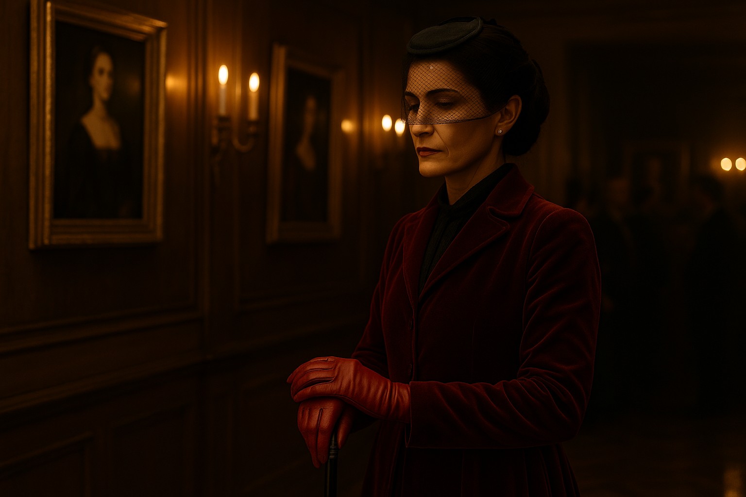 HORIZONTAL CINEMATIC IMAGE: A photorealistic, gorgeously lit, cinematic image of Signora Belladonna, an Italian woman in her late 40s with austere, intelligent features and dark auburn-black hair swept into a severe low twist, standing alone in the candlelit main room of a private art gallery in 1883 Bologna. She wears a deep red velvet coat over a high-collared black blouse, with long crimson satin gloves fitted neatly to her wrists. In both gloved hands, she holds a black cane tipped with silver, resting calmly before her—not for support, but as a gesture of presence and power.

Drawn just over her eyes is a fine sheer black veil, now anchored correctly to a small black fascinator or mourning cap worn at the crown of her head—historically accurate for the era. The veil falls softly in front of her eyes, catching the candlelight in delicate patterns. Her eyes are closed—not in retreat, but in deliberate stillness, as though she’s absorbing the weight of the room. Her expression is serene, unreadable, and exact.

The gallery walls behind her are paneled in dark wood and lined with oil portraits of women, each one just a little too idealized, a little too unfinished. Gilded sconces flicker along the walls, casting a soft amber glow over the lacquered parquet floor. In the blurred background, shadowed guests linger—visibly murmuring but distant. Belladonna does not speak. She does not need to.

The scene is thick with velvet, candle smoke, and the weight of unspoken critique. She does not haunt the portraits. She haunts the silence between them.