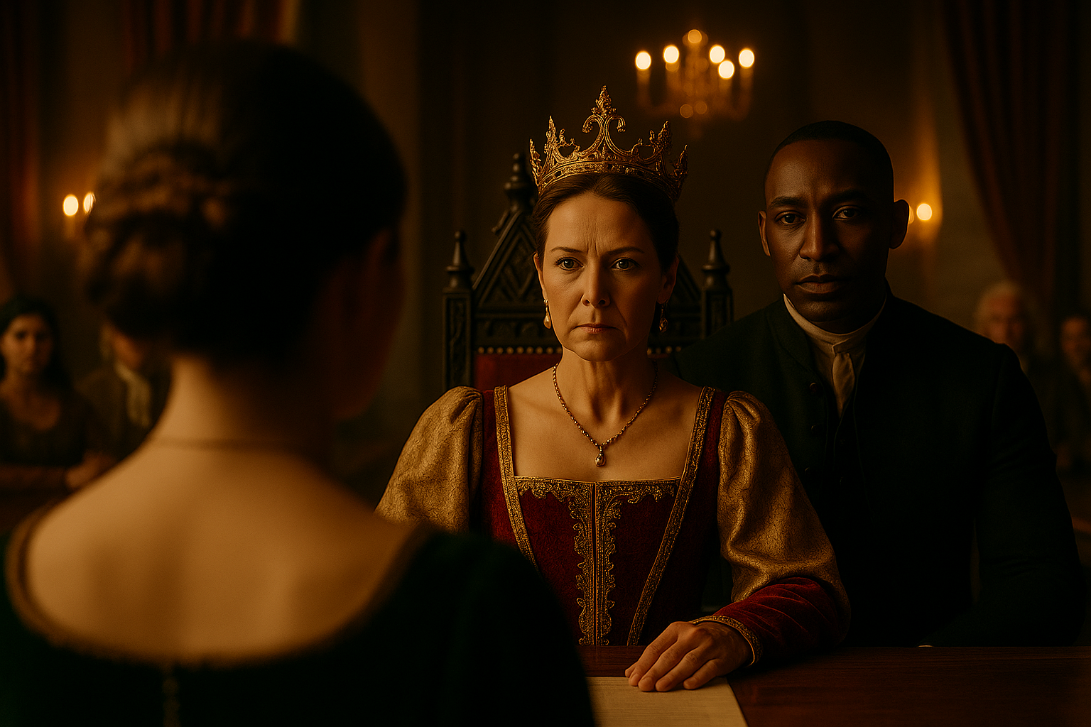 A cinematic, fairy tale–realistic still frame from a richly atmospheric period drama. The shot is composed as a tight over-the-shoulder POV from Princess Aveline Beaumont, her chestnut-brown braided chignon secured with a pearl comb and the golden-ochre fabric of her gown softly blurred in the foreground. The perspective places the viewer firmly in Aveline’s seat, looking across the long carved oak council table toward the figures of the Queen and Thibault at the far apex of the chamber.

The Queen:

Positioned at the true head of the table, seated in an elevated, ornate, high-backed throne-like chair, making her the central axis of power.

Mature, regal, crowned, wearing a richly embroidered crimson-and-gold gown with pearls and gold jewelry.

Her posture is upright and commanding, hands resting firmly on the table, gaze steady and unreadable.

She radiates unyielding authority, the still and immovable center of judgment.

Thibault:

Seated immediately to the Queen’s right (audience-left), slightly forward at the table’s edge.

Dark-skinned nobleman with closely cropped hair, dressed in elegant dark attire with formal cut.

His body language contrasts with the Queen’s stillness: leaning forward slightly, gaze locked on Aveline, his expression confident and measured.

His presence feels active and engaged, an extension of the Queen’s authority — a voice pressing against Aveline.

The Council:

Council members are blurred and indistinct, seated only along the sides of the long table in carved high-backed chairs.

No one sits behind the Queen or Thibault, leaving the apex visually clear.

Their muted presence suggests scrutiny and murmured tension, but the focus remains tightly on the Queen and Thibault.

The Chamber:

Baroque, Versailles-inspired architecture: pale limestone walls, tall arched windows draped in velvet, gilded crown molding, chandeliers and candelabras glowing warmly.

Perspective lines of the chamber and table converge toward the Queen at the apex, reinforcing her centrality.

The polished oak table reflects candlelight and daylight, adding depth and golden warmth.

Mood & Cinematic Style:

Painterly golden light mixes sunlight and candle glow, illuminating the Queen’s crown and Thibault’s expression.

Shallow depth of field sharpens the Queen and Thibault while Aveline remains blurred in the foreground, anchoring the POV.

The composition balances authority and challenge: the Queen’s immovable dominance and Thibault’s assertive engagement share equal visual weight, creating a tense tableau of power.

The atmosphere is politically charged, intimate, and confrontational — a fairy tale rendered with period-drama gravitas.