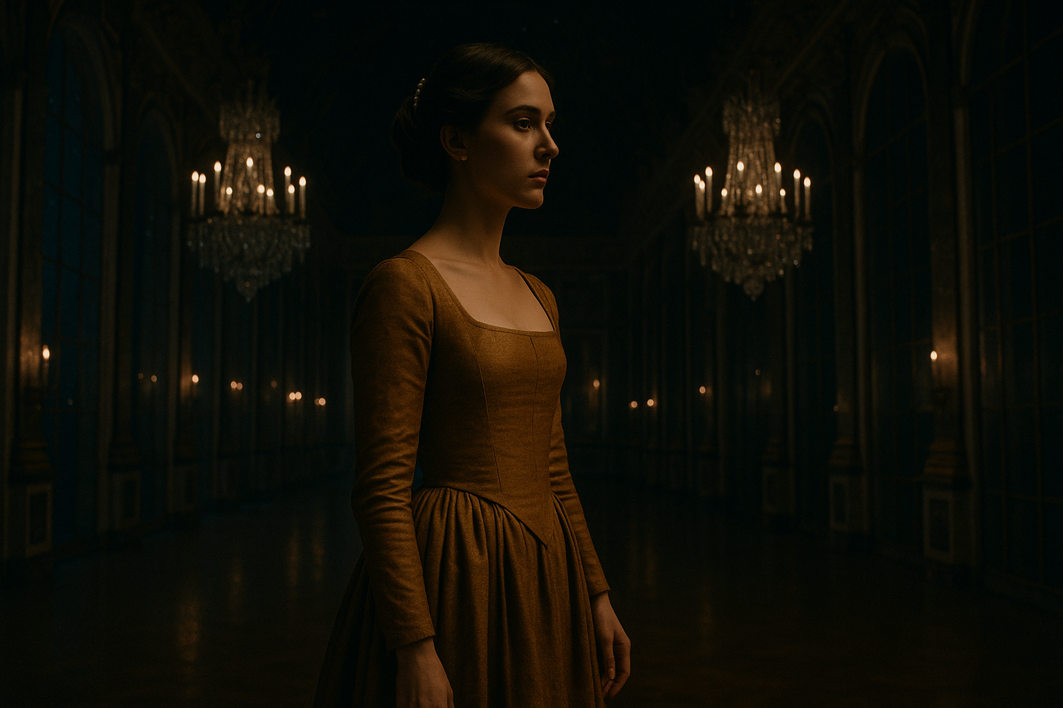 A richly cinematic, fairy tale–realistic still frame of Princess Aveline Beaumont standing alone in the grand Hall of Mirrors at night. The vast, opulent room is cast in shadow, with only faint illumination — chandeliers hang high above, their candles flickering softly, reflecting in the towering floor-to-ceiling mirrors that line the walls. Through the tall arched windows, a starry night sky is visible, lending a ghostly silver shimmer to the scene. The mirrors and chandeliers frame her symmetrically, emphasizing both grandeur and solitude.

Princess Aveline, a poised French noblewoman in her mid-to-late 20s with fair skin and almond-shaped brown eyes, stands centered in the composition. Her chestnut-brown hair is styled in a braided low chignon, secured with a pearl comb. She wears a rich ochre-gold royal gown with long fitted sleeves, a square neckline, and heavy fabric that catches the candlelight in subtle, warm tones. Her posture is graceful but strong — standing tall, arms at her sides, gazing ahead with quiet reflection. Her expression is contemplative, lips slightly parted, caught between melancholy and determination.

The atmosphere is moody, quiet, and emotionally layered. The grand chamber feels both monumental and intimate — the mirrors seem to hold memories, their dim reflections shimmering like ghosts of absent figures. The light is painterly, a chiaroscuro interplay of soft warm candle glow against the cool blue-silver moonlight. The mood evokes the aftermath of a ball, when the revelry has passed and only silence remains. This is a moment of transformation: a woman on the cusp of change, standing in stillness and solitude, seeking meaning in the silence of her reflection. The style is cinematic, richly atmospheric, and evocative of a period drama or fairy-tale film still.