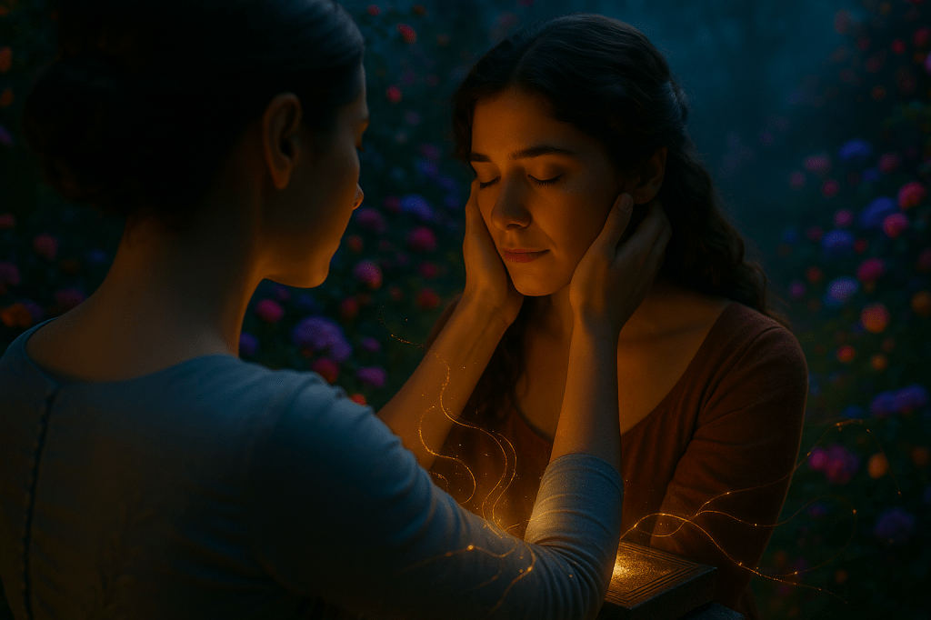 A cinematic, photorealistic horizontal nighttime scene in an enchanted French palace garden.
Camera POV is positioned directly behind Queen Aveline Beaumont’s right shoulder, showing her in soft silhouette from the back as she reaches forward to gently hold Cinder Dubois’ face with both hands.

Cinder Dubois faces the camera: light olive skin, wavy chestnut hair, emotional expression, eyes closed in trust. She wears a refined dusk-rose brown dress with natural fabric texture. Her features are softly illuminated by a warm magical glow.

Queen Aveline Beaumont, shown mostly from behind or in partial profile: pale complexion, dark hair in an elegant pinned style. She wears a moonlit silver-blue gown with subtle embroidery. Her hands rest tenderly on Cinder’s cheeks.

Between them, a closed grimoire rests on a stone pedestal, emitting faint golden light.
The magic spills into the air as delicate, glowing tendrils—subtle, elegant, not overwhelming.

The garden is alive at night: roses and flowering bushes in cool blues, pinks, and violets, softly lit by moonlight.
Mist drifts between the trees. Firefly-like motes shimmer in the background.

Lighting:
Cool moonlight from above + warm golden magical glow from the book.
Aveline’s silhouette is rim-lit; Cinder’s face is illuminated.
Shallow depth of field—foreground sharp, background softened into dreamlike bokeh.

Mood: tender, breathtakingly intimate, emotionally charged, deeply cinematic.
Ultra-photorealistic faces, natural skin texture, no stylization.