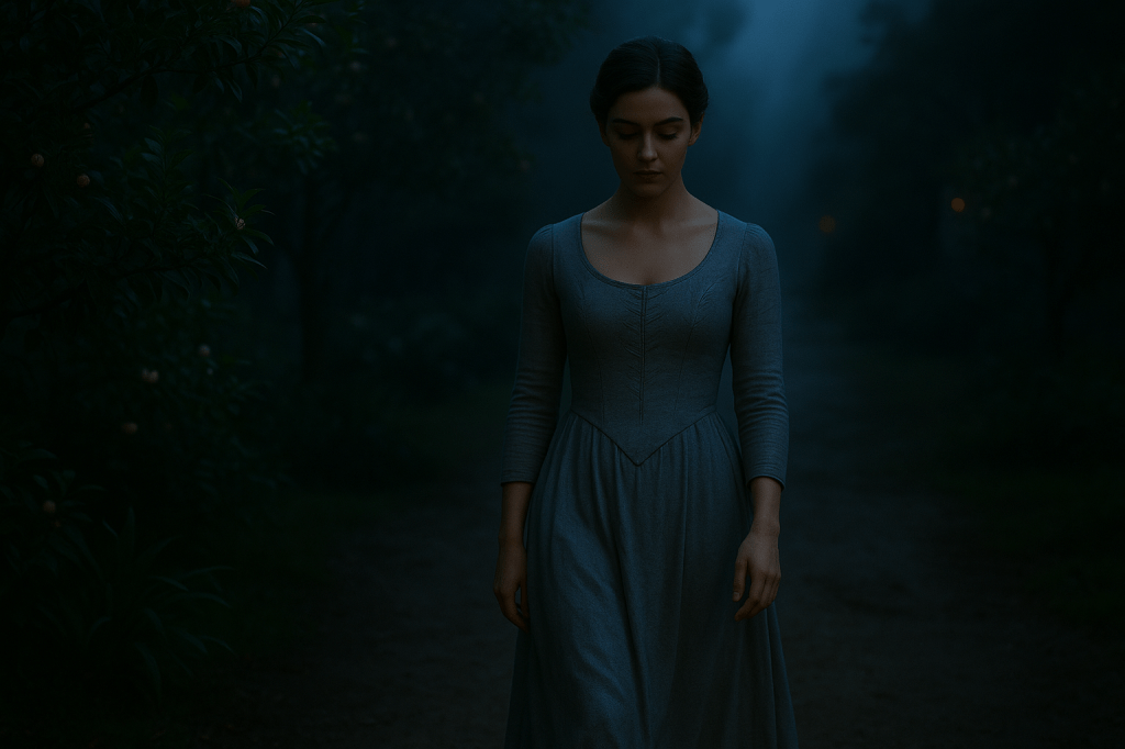 A cinematic, photorealistic horizontal nighttime scene set in the palace gardens. A young French woman with a fair complexion walks alone down a dim moonlit path. Her dark hair is pinned in Aveline Beaumont’s characteristic low, elegant bun. She wears a subdued, private version of her moonlit silver-blue gown — softer in tone, with delicate embroidery that hints at starlight without appearing formal. The fabric is matte and natural, moving gently as she walks.

The garden around her is atmospheric and slightly overgrown, with orange trees whose blossoms have not yet opened, their pale buds catching the faint blue glow of moonlight. The air feels still, cool, and humid. Very light mist drifts at ground level, softening the edges of the path.

The lighting is a blend of cool, diffused moonlight and very faint, warm lantern glimmers far in the distance, barely visible. Her expression is introspective and weighed, her gaze lowered as if she’s processing the events of the night. Her posture is natural and human — no stiffness, just quiet movement. Dirt path beneath her, foliage pressing inward, creating a tunnel of shadow.

Color palette: deep greens, muted blues, gentle moonlit highlights. Ultra-detailed facial realism, natural skin texture, cinematic depth of field with foreground and background falling into soft blur. No stylization.