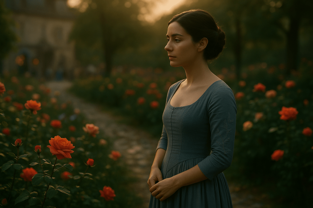 A cinematic, photorealistic horizontal portrait of Aveline Beaumont standing alone in a vast palace rose garden at golden hour.
She is a young French woman in her mid-20s, with a fair complexion, soft refined features, and dark hair pinned neatly in her signature elegant French updo. Her expression is quietly solemn, introspective, and touched by grief, yet with the poise of someone born to carry responsibility.

She wears a subdued slate-blue gown, historically inspired with simple embroidery on the sleeves. The dress is soft, natural fabric, fitted through the bodice and flowing gently at the waist — understated, dignified, and appropriate for a queen in mourning.

The setting is a large, blooming rose garden. The roses are in vibrant shades of sunset orange, deep red, and soft pink, arranged in long garden paths.
The warm golden-hour light falls over her face, creating a soft rim light around her profile and casting long, cinematic shadows across the garden.

Depth of field: shallow; Aveline is in sharp focus while the background — a grand chateau façade, distant figures, and additional rose bushes — melts into a soft, dreamy bokeh.

Atmosphere:

gentle evening haze

drifting pollen and petals

warm sunbeams filtering through the trees

mood of healing after tragedy

The overall tone is A24-style cinematic realism — quiet, elegant, emotionally grounded — evoking a woman who has endured loss yet stands in a world slowly coming back to life around her.
