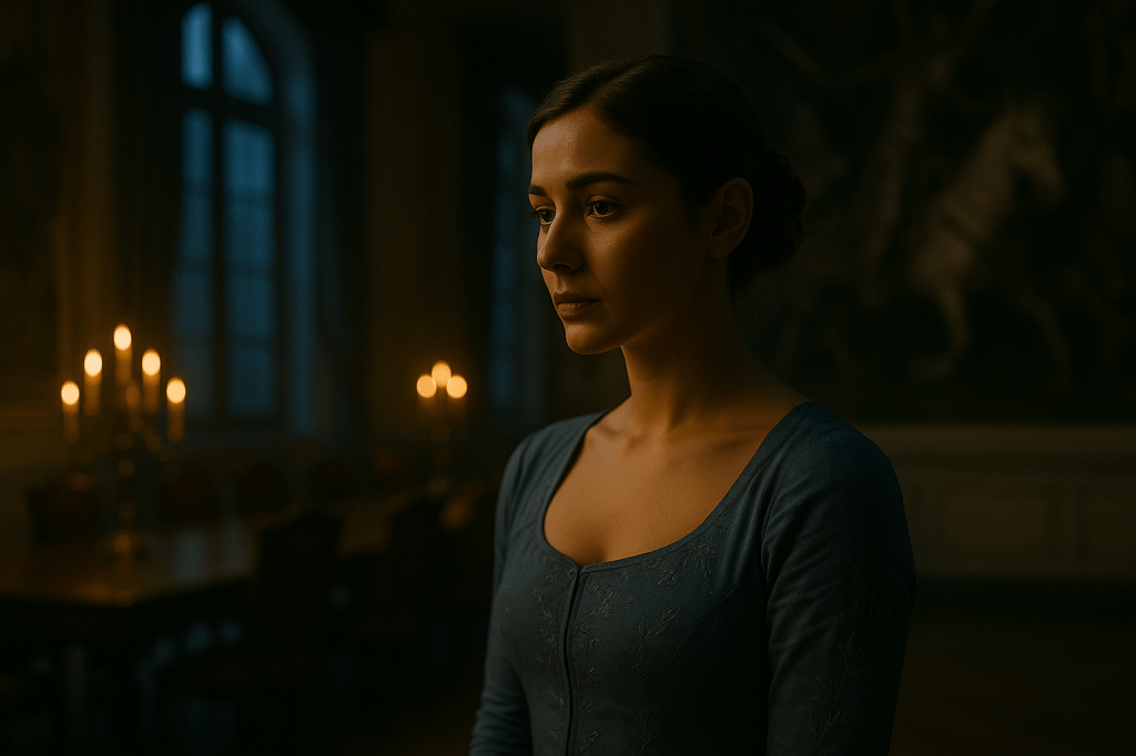A cinematic, photorealistic horizontal image set inside a dimly lit royal war chamber at night. The lighting is a blend of cool moonlight streaming through tall arched windows on the left and warm candlelight from golden candelabras on the right, creating a striking dual-tone atmosphere.

Queen Aveline Beaumont stands in the foreground, turned slightly in profile, illuminated softly by the candle glow. She has pinned dark hair, a pale complexion, and wears a muted, court-appropriate blue gown with subtle embroidery. Her expression is distant and contemplative — regal but tired, carrying the emotional weight of political tension and disappointment.

The background shows an empty long table, high-backed chairs, and faded tapestries depicting old victories — all slightly blurred with shallow depth of field. The image emphasizes loneliness, uncertainty, and the crackling silence that follows political upheaval.

Color palette: cool twilight blues, muted gold candlelight, soft shadows. Cinematic realism, natural textures, subtle grain.