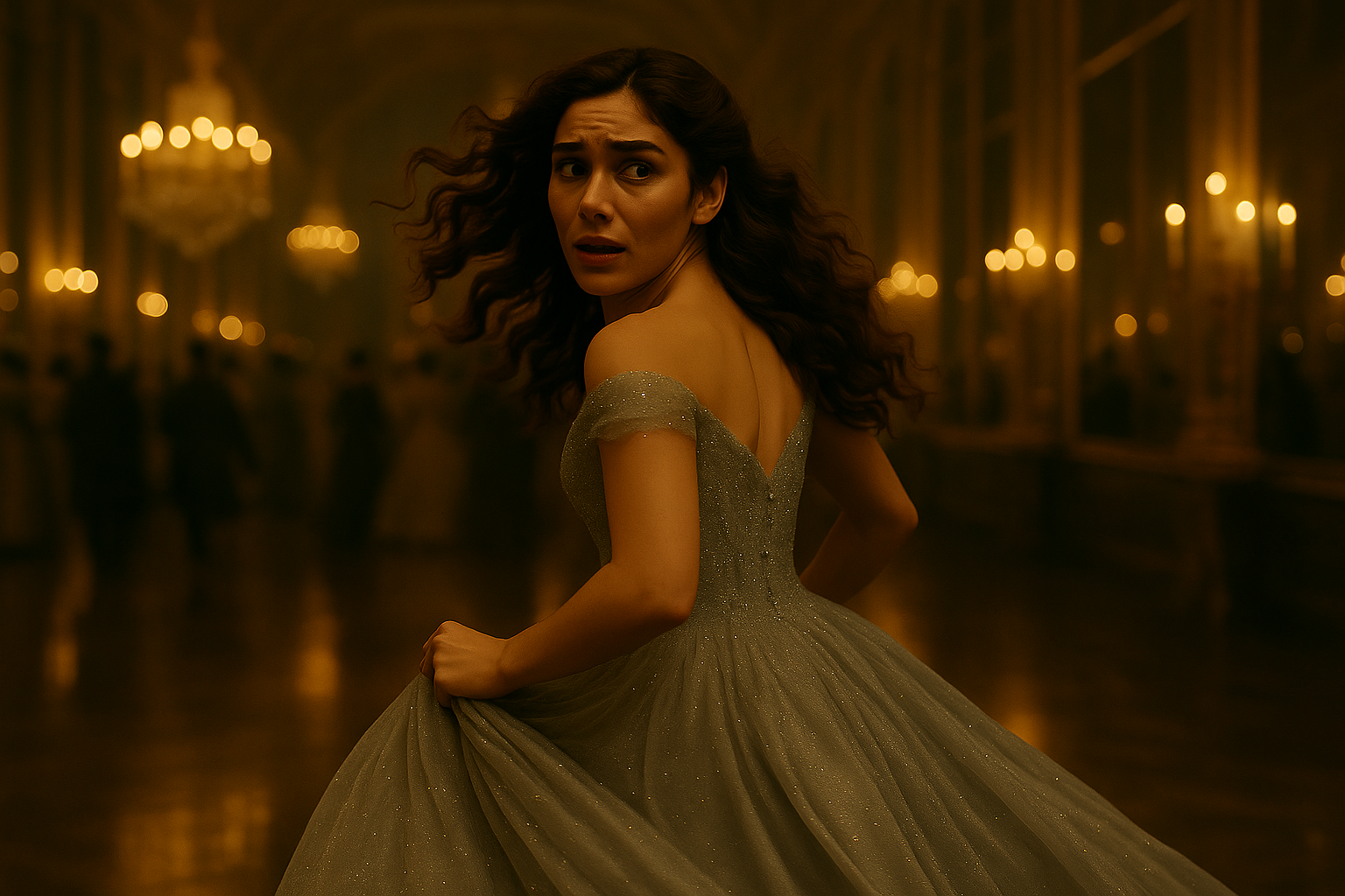 A cinematic, horizontal film still in the realistic, Charles Perrault–era fairy tale style, capturing the exact moment Cinder Dubois flees the royal ball at midnight. The scene is set in the opulent Hall of Mirrors, its endless golden chandeliers and towering mirrored walls glowing with warm candlelight. The polished Carrara marble floor reflects the flickering light and the blurred shapes of waltzing guests in the background.

Cinder is in motion, mid-run, her body turned slightly toward the viewer as she looks over her shoulder with urgency and fear. Her long, wavy brown hair flows behind her, catching the warm light. She wears her established silver-blue ball gown: an off-the-shoulder design with a fitted, shimmering bodice and a full skirt that billows with the motion of her run. The fabric glitters subtly, with delicate embroidery catching the candlelight. On her feet are her glass slippers, rendered with delicate translucence, catching glints of gold from the chandeliers.

Her dress and hair move with realistic physics—skirts lifting and folding naturally from her forward stride, and the hem just grazing the floor as she runs. The scene conveys both motion and vulnerability, with subtle tension in her arms as she gathers the gown to keep from tripping. Her face shows the split-second conflict between wanting to glance back and the instinct to flee.

The background is softly blurred to focus attention on her, with the mirrors along the wall faintly reflecting her movement, hinting at both her presence and her rapid departure. The entire composition is warm yet tense, evoking the exact second before the spell begins to unravel.