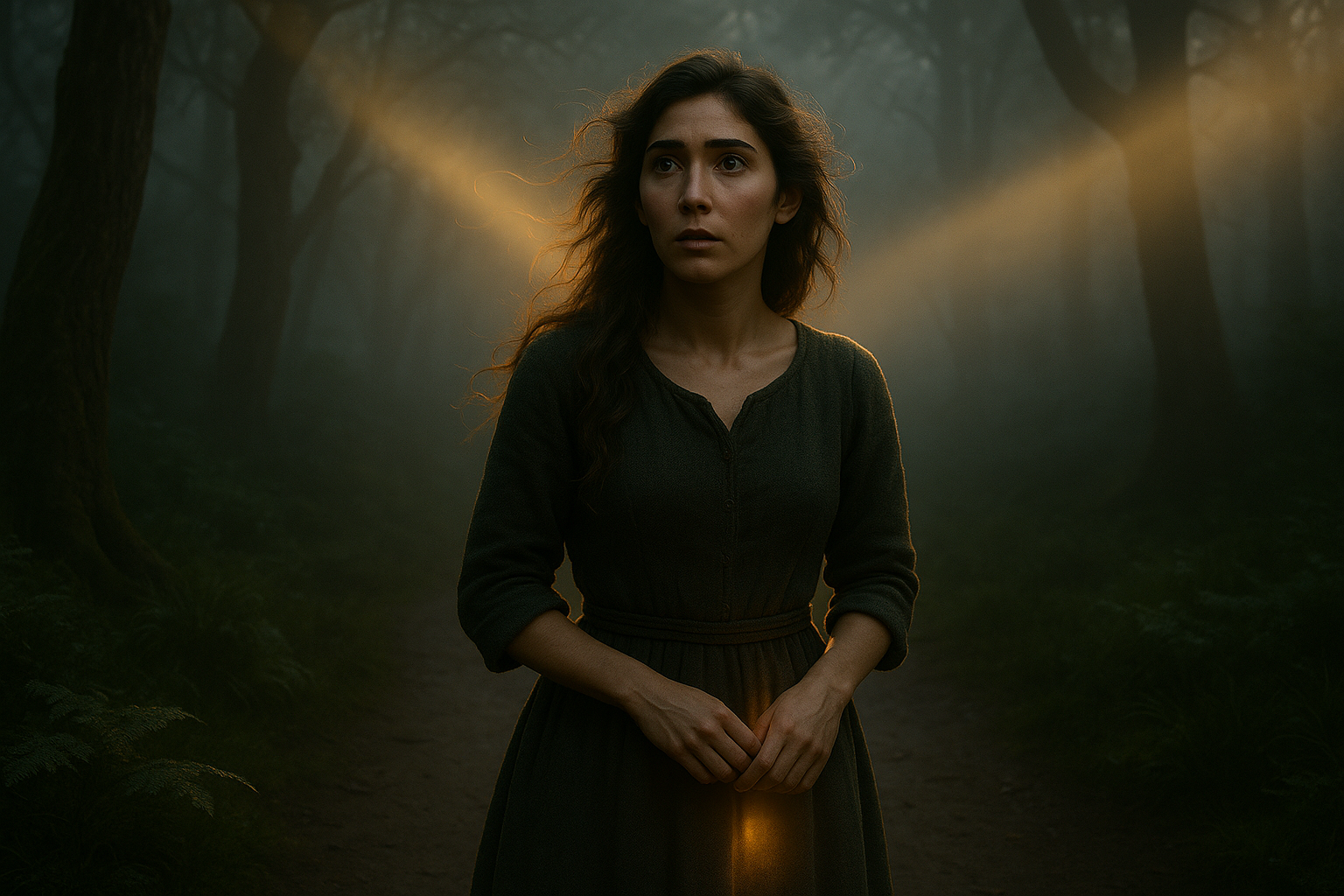 A horizontal, cinematic, photorealistic image in a dark, misty forest at twilight. In the foreground stands a young woman with wavy, dark brown hair and expressive eyes, wearing a simple earth-toned dress tied at the waist. Her expression is tense and uncertain, as though she hears whispers in the fog. A faint bulge beneath her apron hints at a hidden grimoire, glowing softly with an amber light that spills through the fabric, symbolizing the secret power she carries. From behind her, shafts of golden sunlight pierce through the fog and trees, cutting across the scene like a memory of the ball—beautiful but haunting. The forest around her fades into atmospheric haze, with the nearest trees and ground in sharp detail while the background dissolves into soft, film-like blur. The mood is magical, uneasy, and enchanted, as if the forest itself is holding its breath, waiting for a storm to break. Photorealistic textures, cinematic lens depth of field, golden hour lighting, moody and atmospheric, fairy-tale realism.