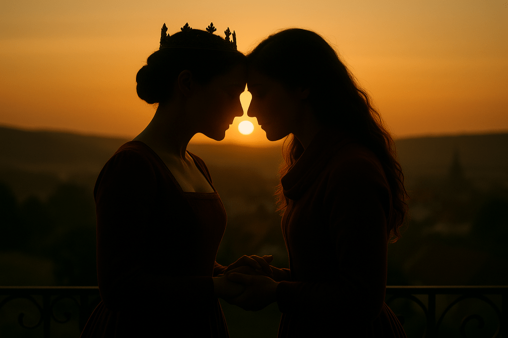 A silhouette of Queen Aveline and Cinder standing forehead to forehead at sunset on a palace balcony, holding hands. Aveline’s crown is visible, and the sun sets between their profiles, creating a warm golden glow. 

A cinematic, photorealistic horizontal silhouette of Queen Aveline Beaumont and Crown Steward Cinder Dubois on a high balcony at sunset.
They stand close, foreheads gently touching, hands lightly intertwined — an intimate, content-safe romantic moment.
The sun is low on the horizon behind them, creating a warm golden halo around their silhouettes.
The lighting is soft and diffused, emphasizing shape and emotion rather than detail.

Aveline, on the left, is distinguished only by the elegant silhouette of her royal gown and her simple crown — no facial details.
Cinder, on the right, is in her crown steward attire with her long wavy hair forming a recognizable profile.
The background shows a blurred valley and village bathed in amber light, creating a peaceful, hopeful atmosphere.

Mood: quiet, tender, emotionally resonant — a final private vow between them.
Style: A24 cinematic, natural light, soft gradients, gentle lens flare, photorealistic silhouettes.