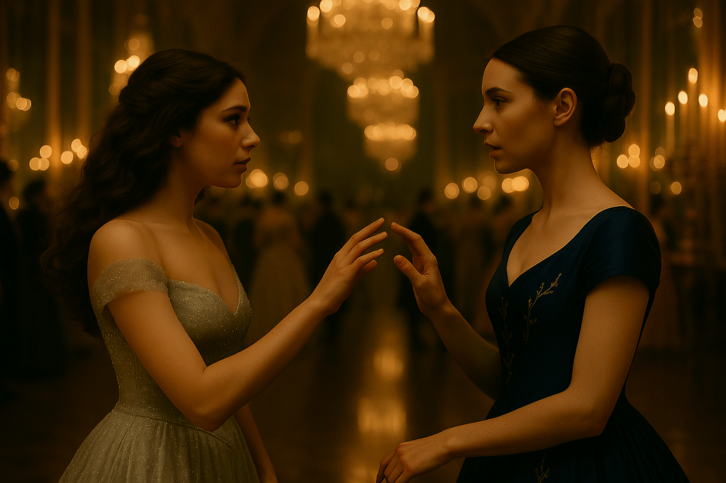 A cinematic still from a fairy tale film set in the Hall of Mirrors at the Palace of Versailles. Two young women stand facing one another at the beginning of a formal dance. One is Cinder Dubois — a young woman with pale olive skin, dark expressive eyes, and long wavy brown hair worn loose. She wears an off-the-shoulder silver-grey ball gown that glimmers subtly in the candlelight, modest yet enchanting, with embroidery resembling vines and stars. She is graceful, nervous, and strong. The other is Princess Aveline Beaumont — a fair-skinned French princess with dark hair styled into a low braided chignon, regal posture, and a composed, contemplative expression. She wears a fitted deep indigo gown embroidered with silver-gold constellations and subtle botanical motifs. The lighting is warm and golden, cast by chandeliers and candlelight, with reflections of the grand mirrors stretching into the background. There is no handhold—only the space between them and the moment just before they move. The mood is intimate, elegant, and steeped in magic and unspoken emotion. The aesthetic is realistic, Charles Perrault–era, and gorgeously cinematic.