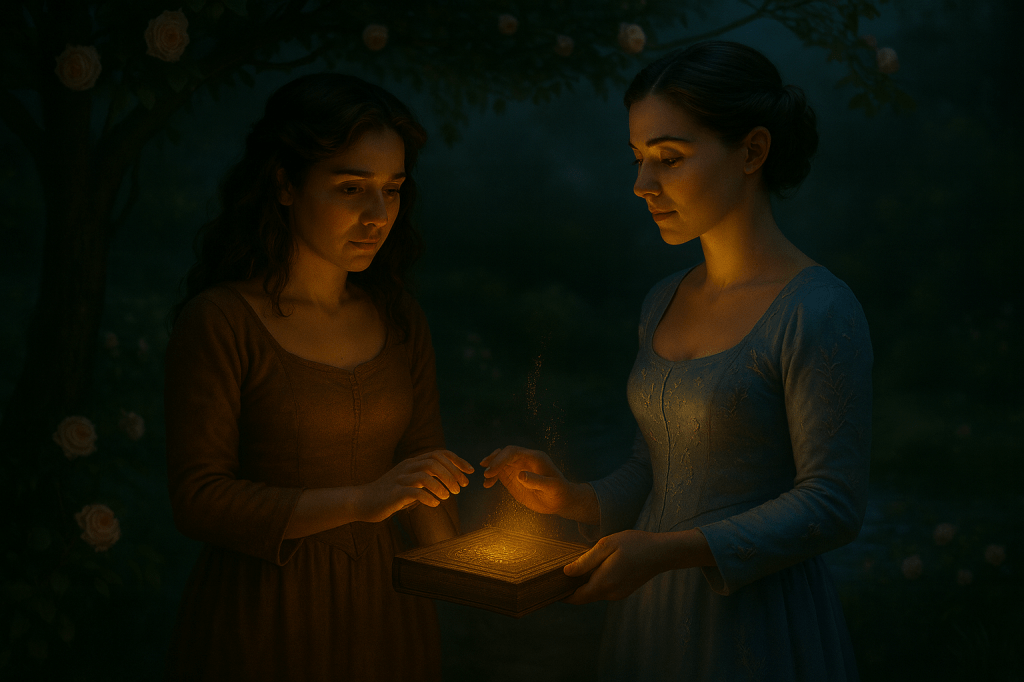 A cinematic, photorealistic nighttime scene set in a moonlit garden. Two young French women stand close together beneath an arching tree heavy with pale roses. On the left is Cinder Dubois — mid-to-late 20s, light olive sun-touched skin, expressive brown eyes, thick wavy chestnut hair in a loose braid with strands framing her face. She wears a refined dusk-rose brown dress with clean lines and natural texture, suggesting she now lives within the palace. On the right stands Queen Aveline Beaumont — mid-20s, fair skin, dark hair pinned in a simple elegant bun. She wears a moonlit silver-blue gown with subtle floral embroidery that catches the soft light. The women cradle a softly glowing grimoire between them, held gently in both their hands. A warm golden magical light emanates from the book, illuminating their faces and fingers with subtle highlights. Their expressions are intimate, calm, and quietly emotional — a shared moment of trust and connection. The background is a softly blurred garden of roses and mist, with cool moonlight filtering through branches, creating depth and atmosphere. The lighting is naturalistic and cinematic: soft volumetric blue moonlight mixed with warm book-light glow. Shot in an ultra-real, high-detail style with shallow depth of field, filmic color grading, and 35mm lens aesthetics.