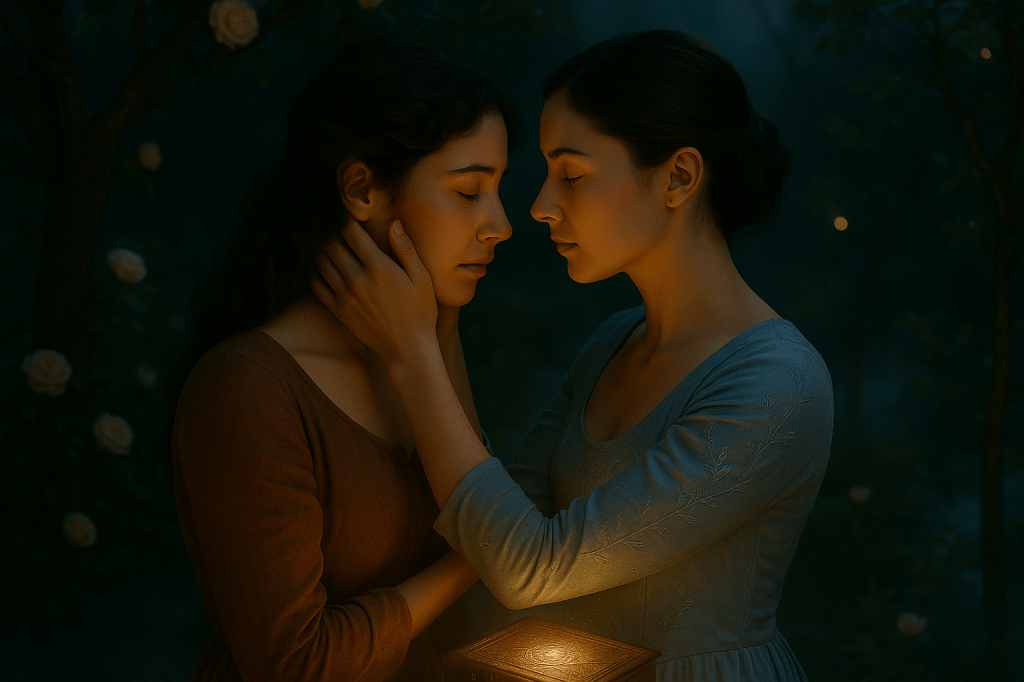 A cinematic, photorealistic nighttime garden scene in soft, cool moonlight. Two young French women stand extremely close beneath blooming rose branches and drifting mist. Depth of field is shallow, with the background melting into soft bokeh and silhouettes of leaves.

The first woman, Cinder Dubois, has wavy chestnut-brown hair, light olive skin, and wears a refined dusk-rose brown dress made from natural textured fabric. The second woman, Queen Aveline Beaumont, has dark hair pinned in a simple, elegant style, a pale complexion, and a moonlit silver-blue gown with subtle embroidered details.

They stand forehead-to-forehead in a tender, intimate moment, not kissing. Their eyes are closed. Each woman gently cups the other’s face with both hands, a gesture full of trust, devotion, and emotional vulnerability. Their poses are soft and natural, bodies angled inward with relaxed shoulders.

A faint golden glow comes from a closed grimoire held at their side, casting warm, magical highlights across their cheeks, hair, and clothing. Moonlight provides cool blue tones while the grimoire adds warm amber accents, creating a cinematic dual-lighting effect.

Color palette: moonlit blues, deep garden greens, soft floral pinks, warm gold.
Style: ultra-realistic, filmic, natural skin texture, no stylization.
Atmosphere: quiet, reverent, emotionally charged, like a still frame from a high-end fantasy romance film.