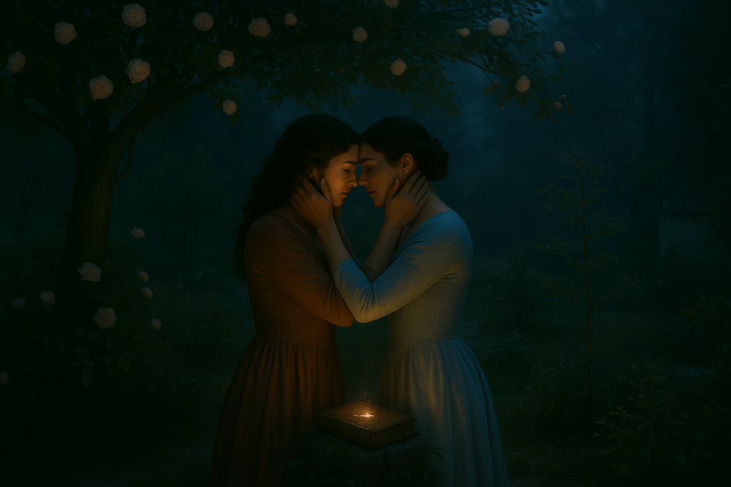 A cinematic, photorealistic nighttime garden scene in soft, cool moonlight. Two young French women stand extremely close together beneath an arch of blooming pale roses and delicate vines, surrounded by gentle mist and lush foliage. Cinder Dubois, on the left, has wavy chestnut-brown hair and light olive skin, wearing a refined dusk-rose brown dress with natural fabric texture. Queen Aveline Beaumont, on the right, has dark hair pinned in an elegant style, pale skin, and wears a moonlit silver-blue gown with subtle embroidery that softly reflects the light.

In a moment of profound emotional intimacy, the two women hold each other’s faces with both hands, foreheads gently touching, eyes closed in a quiet, vulnerable exchange. Their expressions are soft, tender, full of trust and unspoken devotion.

Beside them, a closed magical grimoire emits a faint golden glow that illuminates their cheeks, hands, and hair, blending with the cool blue moonlight to create a warm-and-cool dual lighting effect. The background is softly blurred with shallow depth of field, creating a dreamy cinematic bokeh of garden lights and mist. Ultra-realistic textures, natural skin detail, and film-quality lighting. Color palette: moonlight blue, soft greens, warm golden highlights.