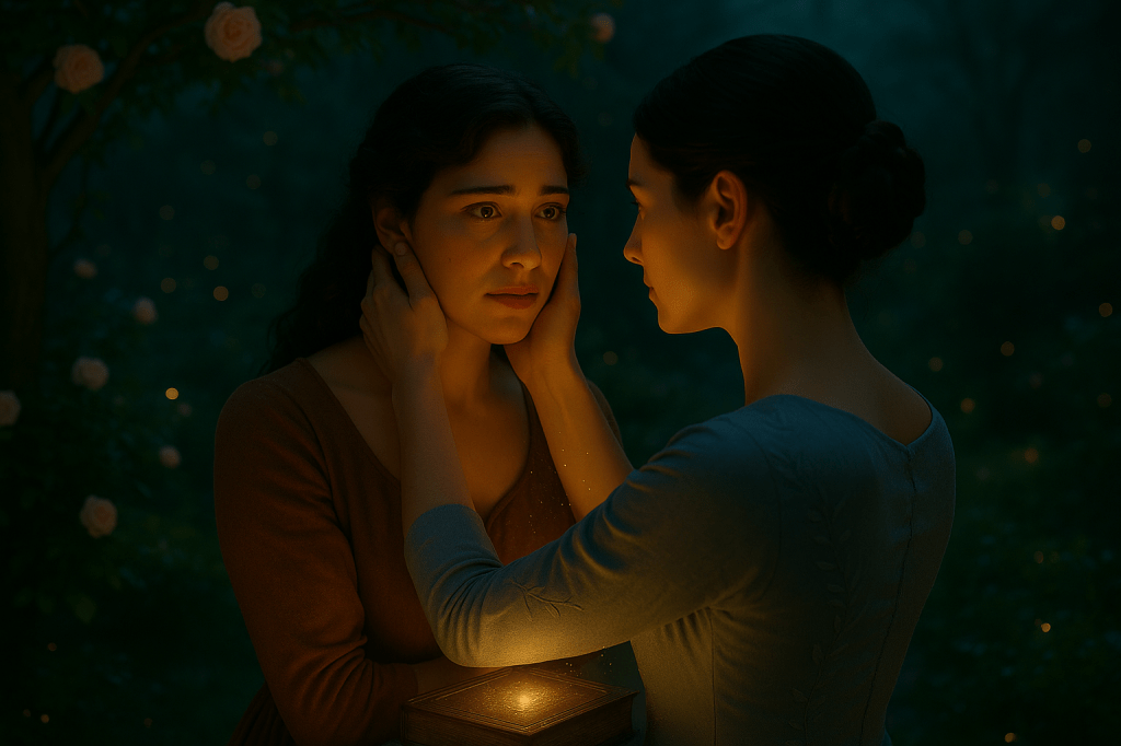 A cinematic, photorealistic horizontal nighttime scene in an enchanted French palace garden.
Camera POV is positioned directly behind Queen Aveline Beaumont’s right shoulder, as though the viewer is standing just behind her. Aveline’s figure is shown in soft silhouette and shallow focus from behind, her hands gently holding Cinder Dubois’ face.

Cinder Dubois faces the camera, eyes open — expressive, emotional, vulnerable yet steady. She has wavy chestnut-brown hair, light olive skin, and wears a refined dusk-rose brown dress made of natural woven fabric. Her gaze is fixed on Aveline with deep affection and recognition.

Queen Aveline Beaumont is partially visible in profile, eyes open and meeting Cinder’s gaze. She wears a moonlit silver-blue gown with subtle embroidery, her dark hair elegantly pinned.

A softly glowing grimoire on a stone pedestal rests between them, casting warm golden light upward. Delicate magical tendrils drift into the air from the book, illuminating the women’s faces with warm highlights.

The surrounding garden is alive with moonlit roses, gentle mist, arching branches, and tiny firefly-like lights. Cool blue moonlight rim-lights Aveline’s silhouette; warm gold from the grimoire lights Cinder’s features.

Cinematic, ultra-photorealistic lighting; natural skin texture; shallow depth of field with the background melting into a dreamy blue-green bokeh.
Mood: intimate revelation, shared breath, emotional clarity, eyes-open vulnerability.