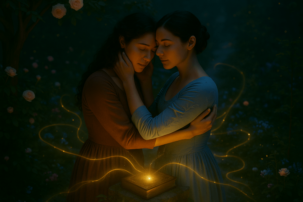 A cinematic, photorealistic nighttime garden scene set in a softly glowing moonlit atmosphere. Two young French women—Cinder Dubois and Queen Aveline Beaumont—stand in a wide shot embracing gently beneath flowering rose trees. The garden is lush, filled with pale roses, drifting mist, soft firefly-like lights, and a glowing sapling nearby.

Cinder Dubois (light olive skin, wavy chestnut-brown hair, refined dusk-rose brown dress) and Queen Aveline Beaumont (pale skin, dark pinned-up hair, moonlit silver-blue embroidered gown) hold one another tenderly. Cinder’s hands rest at Aveline’s waist; Aveline’s hands gently hold Cinder’s upper arms. Their foreheads are nearly touching, eyes closed, conveying profound intimacy, trust, and emotional safety—an almost-kiss moment, romantic but subtle and fully within content policy.

A faint golden magical glow swirls upward from the closed grimoire near their hands. The warm light mixes with cool blue moonlight to create a cinematic filmic contrast. Golden particles drift in the air around them. The garden behind them has soft bokeh, gentle fog, and glowing petals.

Camera angle: wide shot, straight-on, framing both women from head to knee with the magical grimoire clearly seen between them.
Lighting: cool moonlight + warm magical highlights, ultra-detailed, photorealistic skin texture, natural fabrics, no stylization.
Color palette: deep twilight blues, soft greens, warm amber magic.
Tone: tender, romantic, enchanted, emotionally resonant.
