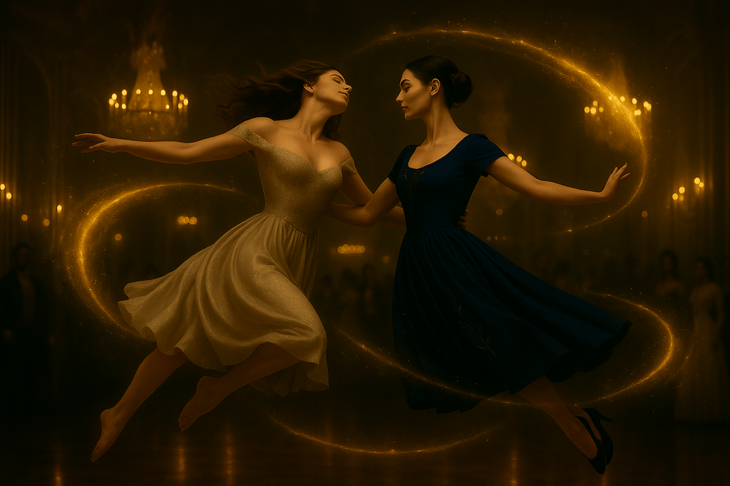 A digital painting in a cinematic, fairy tale–realistic style. Two young women are suspended midair, dancing in an off-center spiral of golden magical energy inside the opulent Hall of Mirrors of a 17th-century French palace. The lighting is golden and dramatic, evoking candlelit chandeliers that glint against towering mirrors and Rococo architecture. One woman—Cinder Dubois—has pale olive skin, expressive dark eyes, and long, loose brown hair flowing behind her. She is barefoot, wearing a forest-gold off-the-shoulder gown that sparkles subtly with enchantment. Her body is angled in graceful tension, caught in motion as if swept upward and outward by unseen force. Opposite her, Princess Aveline Beaumont, a French noblewoman with fair skin and dark hair styled in a braided chignon, wears a fitted indigo royal gown embroidered with silver vines and stars. She is mid-turn, one arm reaching as if pulling Cinder into the spiral. Their dresses ripple from the magical motion, suspended as if in weightless choreography. Their eyes are fixed on each other, intimate and unwavering. Golden magic tendrils swirl around them in a crescent-shaped arc, leaving glowing traces in the air. The background crowd is blurred but formal, dressed in period ballroom attire. The mood is ethereal, charged with motion and emotional gravity, like a climactic moment frozen in time. Horizontal composition, richly detailed, glowing like a still from a fantasy film.