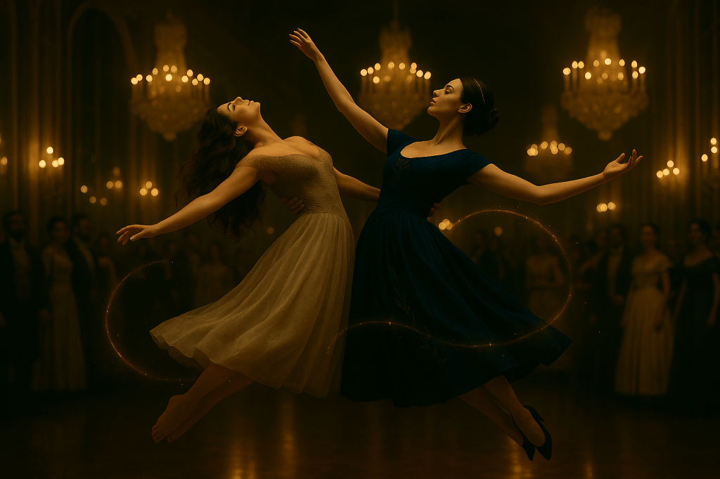 A cinematic digital painting of two young women levitating midair inside a grand ballroom lit by golden candlelight and immense crystal chandeliers. One woman is Cinder Dubois: she has pale olive skin, expressive dark brown eyes, and long, loose brown hair that floats around her in motion. She is barefoot and wears a flowing off-shoulder silvery-gold ball gown with subtle shimmer and soft volume. The other is Princess Aveline Beaumont: a French woman in her late twenties with fair skin, her dark hair styled in a braided chignon adorned with a small pearl comb. She wears a fitted royal indigo ball gown embroidered with silver vine and star motifs. Both women are arched back in midair in a mirrored pose, their backs bowed and one arm each reaching out toward the other, fingertips nearly touching. Their other arms are curved behind them, suggesting weightlessness and surrender. They appear suspended in an emotional, magical moment, surrounded by swirling tendrils of glowing golden light that echo their movement. The crowd below watches in hushed awe, blurred softly in the background. The mood is enchanted, emotional, and luminous—like a film still from a fairy tale reimagining. This is the climax of their first and only dance.