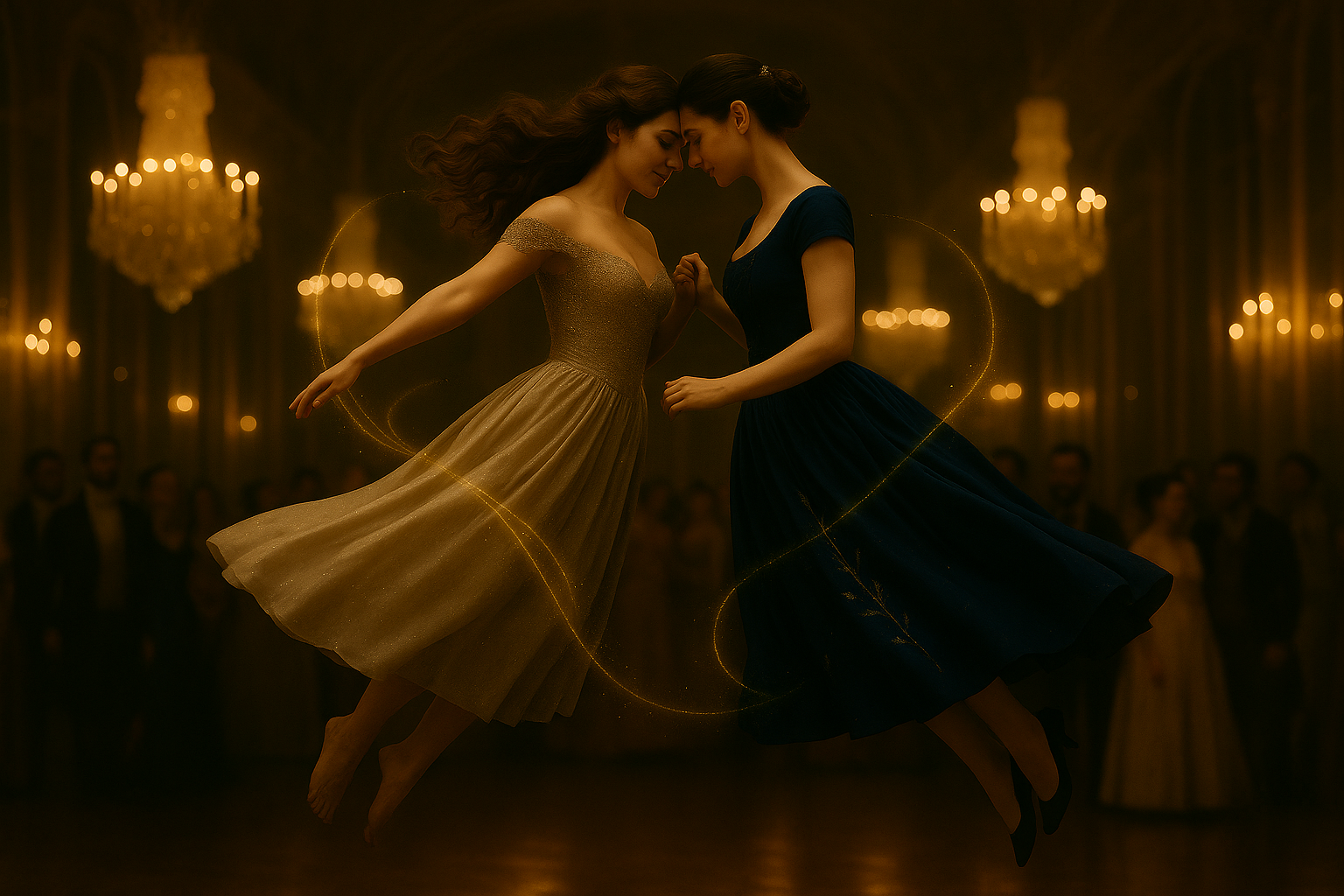 A digital painting in the style of a cinematic film still, depicting two women suspended midair in the grand Hall of Mirrors of a French Baroque palace at night. One woman is barefoot with long, wavy brown hair worn loose—she wears a soft, ash-gold ballgown with delicate sparkle and embroidered vine motifs. The other woman has dark hair styled into a braided chignon with a small pearl comb, and wears a rich indigo gown with silver embroidery resembling branches and stars. They are mid-spin, gently touching foreheads with closed eyes, one hand clasped between them while their other arms flow freely outward in graceful motion. Their skirts billow in opposite directions, suggesting rotational lift. Magical tendrils of golden and blue light swirl around them in slow arcs, illuminating their faces and forming gentle trails through the air. Around them, other dancers are blurred in motion, creating a soft vortex of candlelight, chandeliers, and mirrored reflections. The lighting is warm, romantic, and glows with enchanted intensity. Horizontal composition, 16:9 ratio, fairy tale realism with high detail and emotional intimacy.