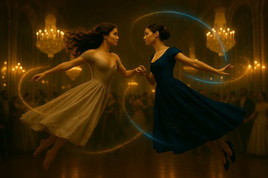 A digital painting in a semi-realistic style captures a cinematic, horizontal composition of two women suspended midair in an enchanted ballroom, caught in a magical spiral pull toward one another. One woman—Cinder Dubois—has pale olive skin, expressive dark brown eyes, and long, wavy brown hair loose and flowing. She wears a soft, shimmering, off-the-shoulder silver gown with subtle embroidery, and she is barefoot. The other woman—Princess Aveline Beaumont—has fair skin, dark hair styled in a braided chignon adorned with a pearl comb, and she wears a fitted, deep indigo gown with silver vine and star embroidery. Her shoes remain on as she floats. They are reaching for each other, arms outstretched and torsos arched with gentle intensity, their fingers nearly touching. Their hair and skirts billow as though caught in a swirling upward current of invisible magic. All around them, glowing golden and silver magic tendrils spiral in the air, trailing around their limbs and dresses, illuminating the ballroom with warmth and enchantment. The grand Hall of Mirrors setting features towering mirrors, cascading chandeliers, and Rococo architecture in candlelit gold tones. Background figures are blurred, evoking dreamlike isolation of the moment. The overall mood is breathtaking, romantic, and full of quiet wonder.