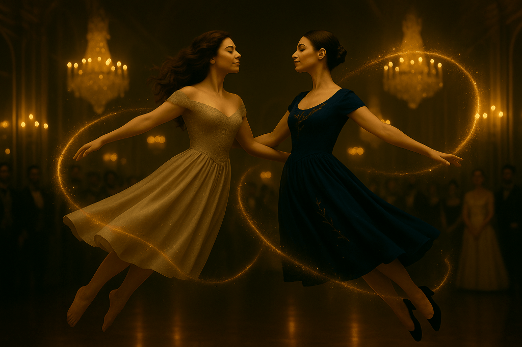 A digital painting in a cinematic, film-still style depicts two young women levitating back-to-back in the center of a candlelit ballroom inspired by the Hall of Mirrors at Versailles. They float midair, weightless, dresses fluttering. One is barefoot, wearing a soft, shimmering off-shoulder gown in silver-gold tulle; her long, loose brown hair moves with the air. The other wears a dark indigo silk gown with subtle embroidery of gold-threaded branches and has dark hair styled in a braided chignon. They lean away from each other, arms extended outward in mirrored opposition, fingers nearly reaching. Their poses are graceful, limbs elongated and proportional, their spines curved in elegant counterbalance like a ballet motion frozen in time. Surrounding them are glowing magical tendrils—ribbons of golden light that spiral and arc around their forms, interweaving through the air. The atmosphere is warm and enchanted, with reflections of the chandeliers flickering across the marble floor and mirrored walls. Background guests are softly blurred, all eyes turned toward the levitating pair. The lighting is soft amber, with warm highlights along their faces and dresses, emphasizing the ethereal nature of the moment.