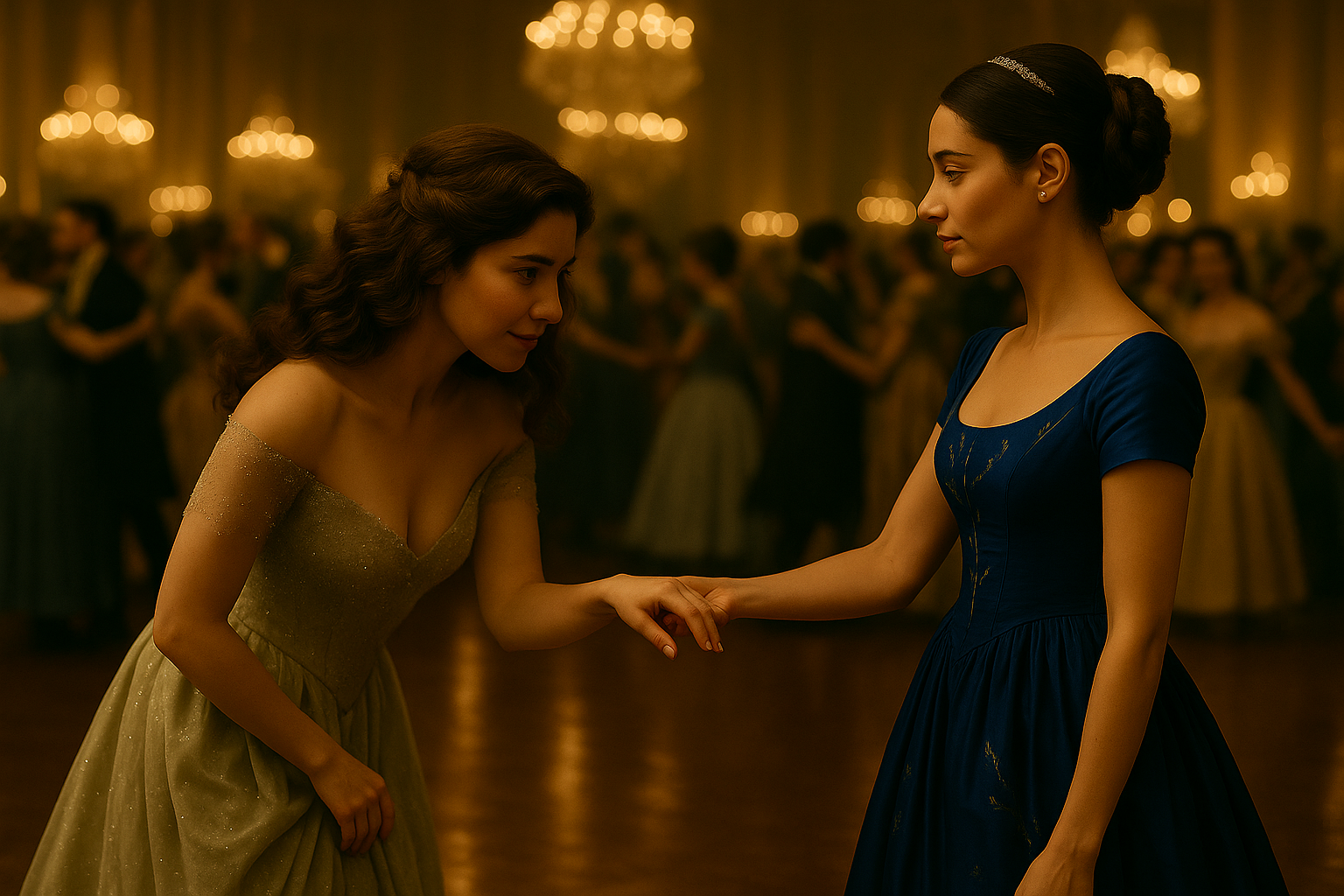 A photograph captures a pivotal fairy tale moment between two young women in an opulent 17th-century ballroom. One woman — with pale olive skin, dark expressive eyes, and long wavy brown hair worn loose — bows slightly in an elegant shimmering off-the-shoulder silver gown. She is Cinder Dubois, a humble and grounded figure, poised yet unsure, her hands gathered at her waist as she lowers herself forward in a moment of vulnerable courage. Facing her is Princess Aveline Beaumont, a French royal woman with fair skin and dark hair styled into a braided chignon adorned with a pearl comb. She wears a fitted indigo silk gown with delicate silver embroidery resembling vines and stars. Aveline stands tall, composed, gently extending one hand in graceful invitation. The ballroom gleams with golden candlelight, cascading crystal chandeliers, and mirrored walls, evoking the Hall of Mirrors at Versailles. The atmosphere is cinematic and still, filled with reverence and quiet tension — a breath held before a dance. The background is filled with softly blurred dancers in period dress, creating a dreamlike sense of movement and intimacy around the stillness of the two central figures. Shot in a richly textured, fairy tale realistic style with warm highlights and baroque detail.