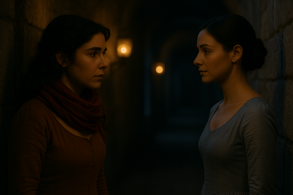 A cinematic, photorealistic horizontal scene set in a dimly lit stone corridor within an old French palace. Warm lanterns mounted on the walls cast a soft amber glow that fades into deep blue shadows. Two young French women stand facing each other with intense quiet emotion.

The first woman, Cinder Dubois, stands on the left. She has wavy chestnut-brown hair, light olive skin, and expressive eyes. She wears an earthy dusk-brown dress and—most importantly—a deep red scarf wrapped warmly around her neck, soft and slightly textured. Her expression is steady but vulnerable, illuminated gently by the lantern lights.

The second woman, Queen Aveline Beaumont, stands on the right. She has pinned dark hair, a fair complexion, and a subdued moonlit silver-blue gown appropriate for a private nighttime moment. She holds herself tall, but her eyes reveal surprise and a quiet emotional shift as she looks at Cinder. Her face is lit more dramatically by the lanterns, emphasizing natural skin texture and soft cinematic contours.

The corridor stretches behind them in long perspective, with arched stone walls and pools of darkness receding into the distance. The atmosphere is tense yet intimate, with subtle drifting motes of dust in the warm light. The color palette mixes warm gold lantern light with cool blue shadow, achieving a grounded, filmic realism. Shallow depth of field, ultra-detailed faces, natural fabric texture, no stylization.