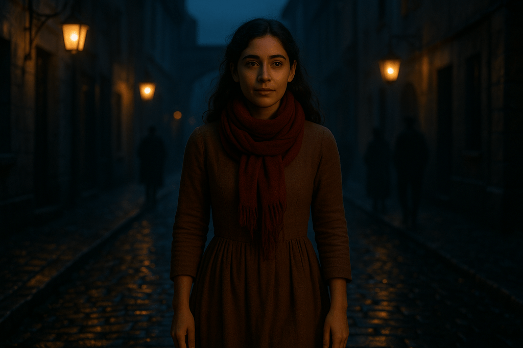 A cinematic, photorealistic horizontal image of Cinder Dubois walking alone at night through a quiet, rain-dampened old European city street. She is a young French woman in her mid-to-late 20s with light olive skin, expressive brown eyes, and thick, wavy chestnut-brown hair falling naturally around her shoulders. Her appearance must match the established canonical look: emotionally grounded, realistic, not stylized or glamorized.

Cinder wears a simple but refined dusk-brown dress with long sleeves and natural fabric texture. Wrapped warmly around her neck is Esmée’s deep red scarf — slightly worn, soft, and important to the scene. Her expression is thoughtful and steady, conveying quiet resilience, emotional fatigue, and a sense of returning changed.

The setting is a narrow stone street after light rain. Cobblestones glisten with reflections of warm lantern light. Old stone buildings rise on both sides, with wrought-iron wall lanterns casting soft golden glows. The night is cool, with a palette of moonlit blues and subtle fog. Depth of field is cinematic: Cinder stands in the foreground in crisp focus, while the street and archway behind her blur into atmospheric bokeh.

Distant background silhouettes — a few townspeople — remain nonthreatening, simply watching her pass with subtle recognition. The scarf moves gently in the breeze. Mood: quiet, intimate, evocative of someone returning home with new purpose. Lighting blends warm lantern gold and cool blue nocturnal tones. Overall look: cinematic, grounded, emotionally resonant, and photorealistic.