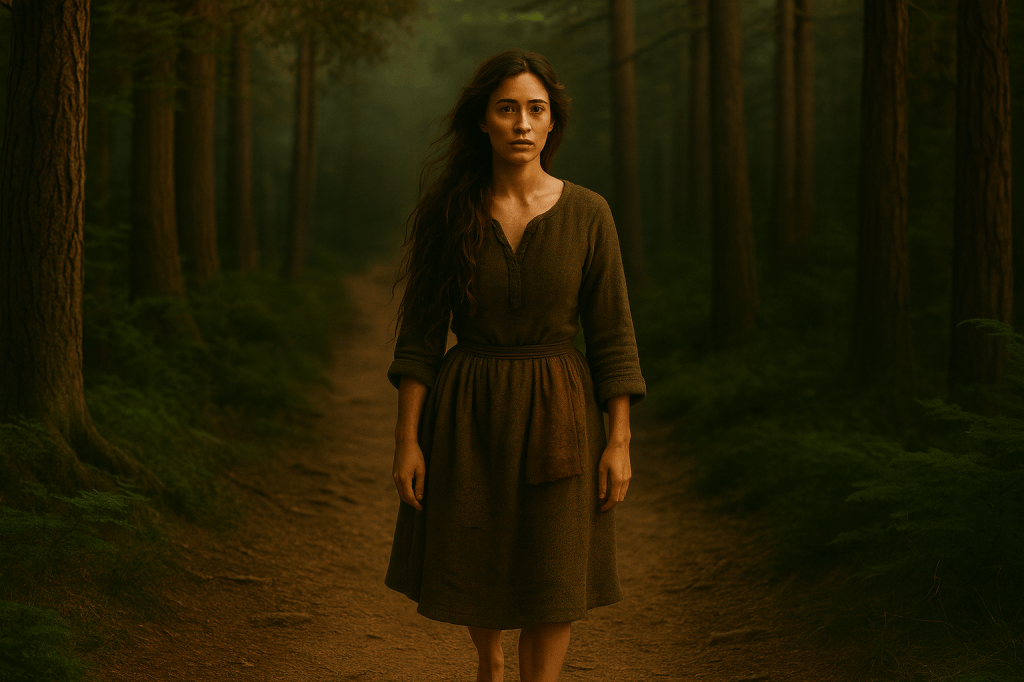 A cinematic, narrative photograph showcases a young French woman in her mid-to-late 20s with olive-toned skin, expressive almond-shaped dark eyes, and long, thick wavy brown hair walking alone through an ancient forest path at golden hour. Her hair is loosely braided with several tendrils curling around her face. She wears a patched, earth-toned wool dress with a leather sash at her waist and no visible adornments. The atmosphere is soaked in warm, diffused golden light filtering through the tall, moss-covered trees. The forest path is uneven and flanked by thick undergrowth, with layers of mist settling in the distance. Her bare feet tread softly on the worn trail, suggesting quiet resilience. Her expression is contemplative, touched with sorrow and strength, as if she has just emerged from something profound. The style is fairy tale realism, richly cinematic, painterly in texture, and grounded in emotional storytelling.