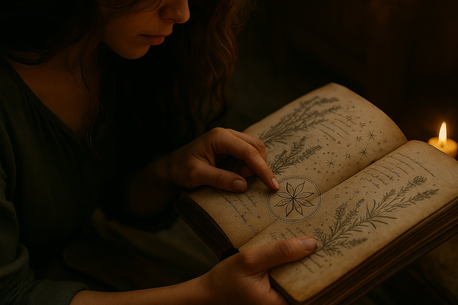 HORIZONTAL CINEMATIC IMAGE: A cinematic, richly detailed photograph in a fairy tale–realistic style. The image focuses on the hands of Cinder—a young French woman in her mid-to-late 20s with pale-olive skin and delicate, work-worn fingers lightly smudged with dirt—tracing an intricate sigil on the open page of a weathered grimoire. Her long, wavy brown hair spills slightly into the blurred foreground, hinting at her presence without fully revealing her face. The grimoire is leather-bound, its cover cracked and scuffed with decades of use. Its pages are thick, slightly uneven, and deckled at the edges, with faint stains from water and time.

The sigil at the center of the right-hand page is a circle surrounded by petal-like arcs, their ends tapering into sharp, thorn-like points, resembling a flower with an edge of danger. Around it, faded illustrations of lavender, sage, and unfamiliar plants weave into delicate ink star maps. The ink varies in tone—some lines deep black, others aged to brown—showing the touch of different hands over time.

Cinder’s right hand gently traces one petal of the sigil with her fingertip, while her left steadies the book near the spine. The rolled cuff of her forest-green linen dress is visible, textured and worn from daily labor. Candlelight pools warmly across the page, catching the raised texture of the ink and highlighting the rich grain of the parchment. The background is softly blurred, with hints of a shadowed wooden interior and the faint outline of her satchel resting on the floorboards.

The atmosphere is still and reverent, as if the air itself holds its breath—no visible magic, just the quiet gravity of something ancient and waiting. The mood is intimate, tactile, and quietly charged with meaning.