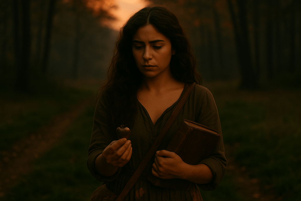 A cinematic digital photograph, fairy tale–realistic in style, depicting Cinder standing alone in a forest clearing at dusk. She is a young French woman in her mid-to-late 20s with pale-olive skin, long wavy brown hair worn loose, and dark expressive eyes. Her features are contemplative and slightly wistful as she clutches a worn, leather-bound grimoire to her chest. She wears a simple forest-green medieval dress with rolled sleeves and a brown leather belt. The light of dusk filters through the trees in soft amber tones, catching in the edges of her hair and the gold-gilded pages of the book. Her satchel is slightly open, hinting at a locket tucked just inside. Around her, the air is still, reverent—suggesting a moment of quiet transformation. The composition is horizontal, cinematic, evoking the stillness of a film scene moments after the wind has stopped. The tone is warm, magical, and emotionally intimate, grounded in realism with subtle narrative energy.