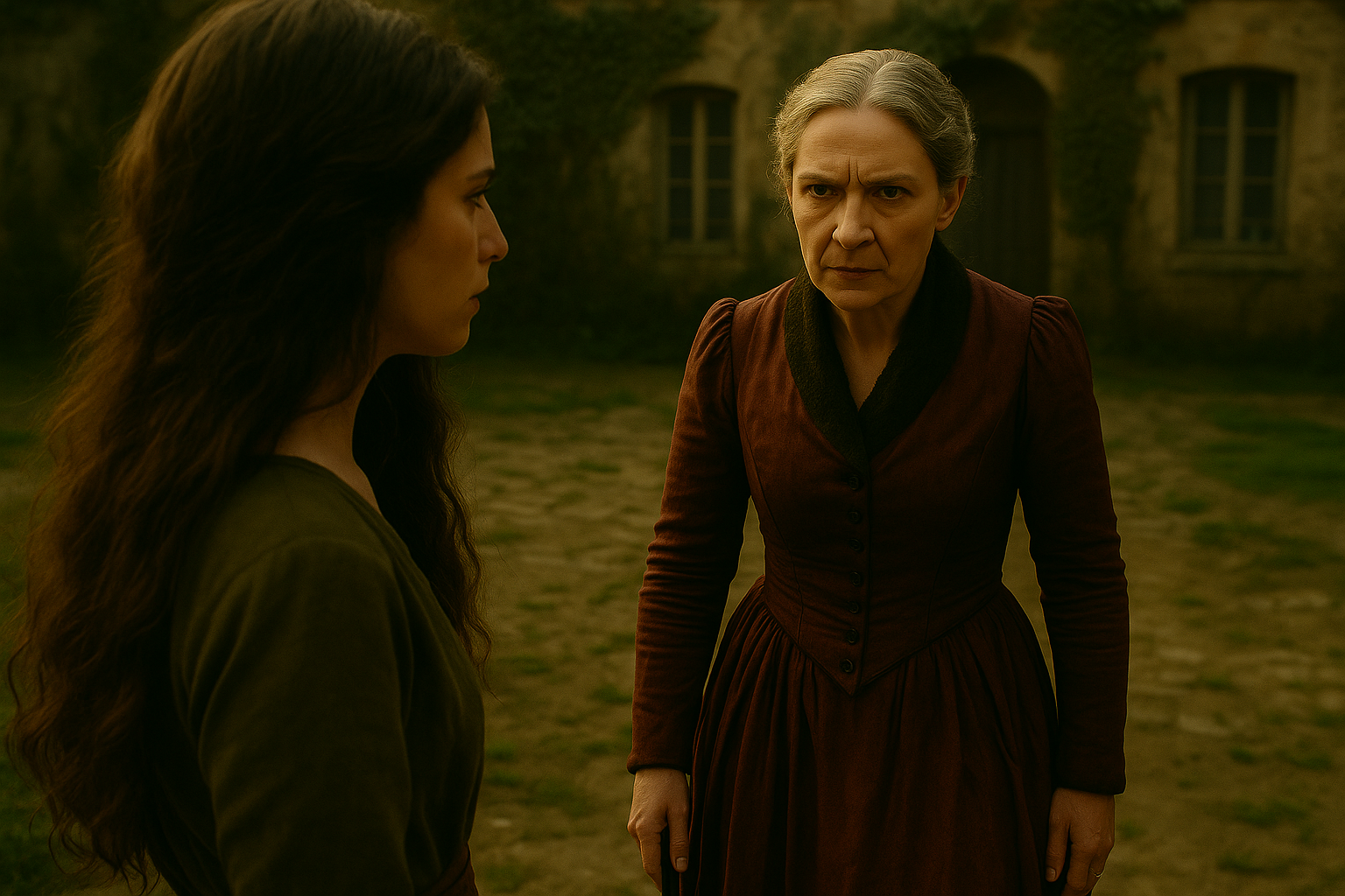 A cinematic, fairy tale–realistic photograph of a tense confrontation in a crumbling 17th-century French courtyard at dusk. A young French woman stands in the foreground, facing away from the camera — her long, loose, wavy dark brown hair cascading naturally over the back of her olive-green linen dress. Her posture is rigid, defensive, bracing for impact. Across from her stands an older French woman, the stepmother: stern, commanding, and sharply defined, with fair skin, silver-gray hair tightly coiled into a severe bun, and an austere expression of cold fury.

The stepmother wears a high-collared, long burgundy gown with black lace trim, tailored at the waist in a style reminiscent of Charles Perrault’s era. One hand is clenched on a cane or walking stick, the other at her side, her stance firm and unyielding. Her dark eyes lock fiercely onto the younger woman, radiating authority and disdain.

The setting is richly textured: uneven cobblestones underfoot, climbing ivy on the stone walls of a crumbling château, wooden shutters over narrow windows. A few chickens stray in the background, adding to the rustic realism. The golden light of early evening casts soft, moody shadows, illuminating the stepmother’s face with dramatic contrast.

The mood is emotionally charged and atmospheric — a power struggle frozen mid-scene. The image is shot in a cinematic style with shallow depth of field, warm natural tones, and fairy tale realism inspired by period dramas. There are no fantasy elements — only emotional weight, grounded costuming, and visual storytelling.
