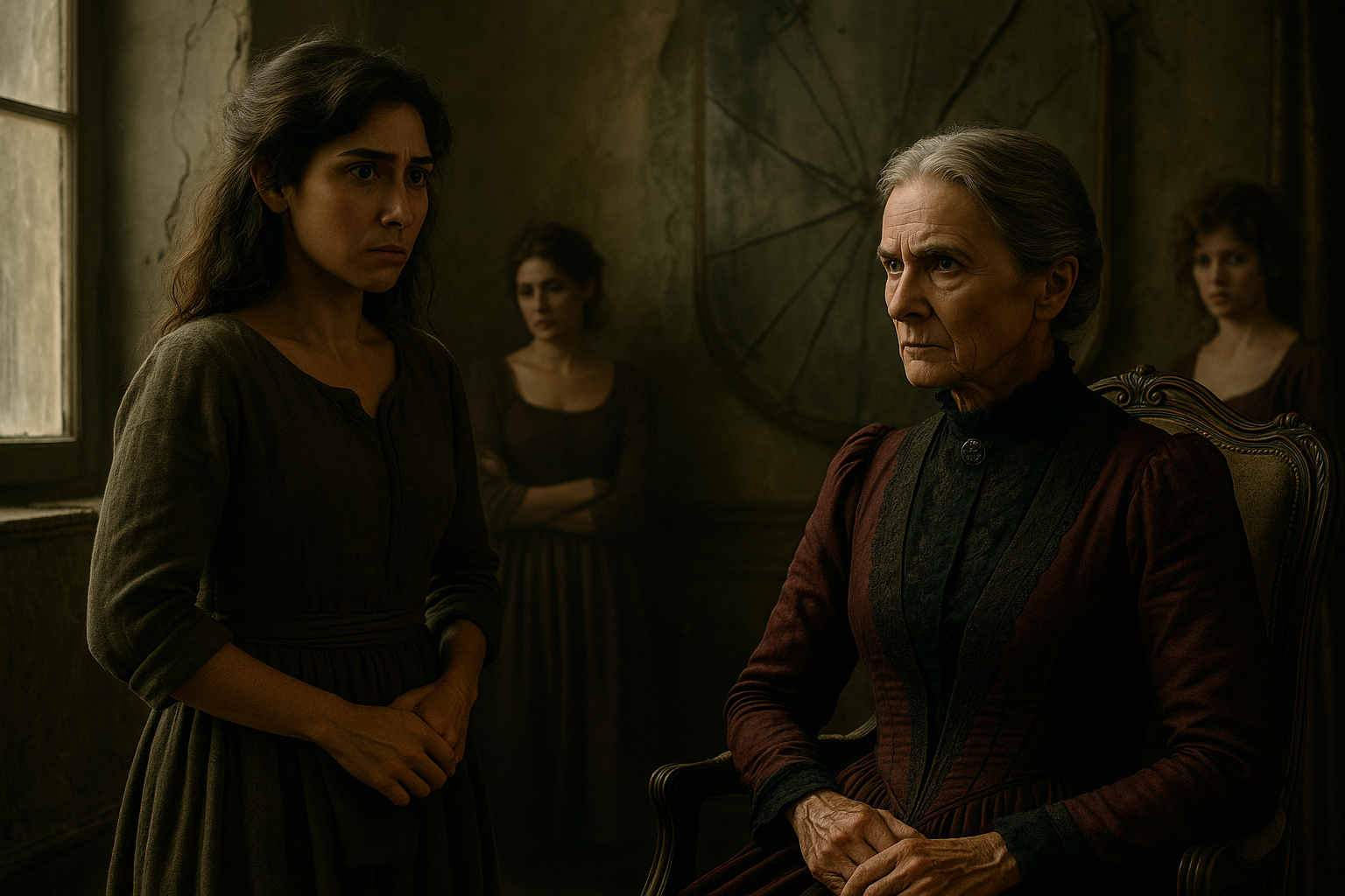 A horizontal, cinematic, photorealistic image set inside a crumbling French chateau estate, the atmosphere heavy, gothic, and suffocating. The framing is tight, drawing focus to a tense standoff between two figures. In the foreground, Cinder—mid-to-late 20s, with dark wavy hair—stands rigid and wary in her simple earth-toned dress. Her hands are folded at her waist as though guarding a hidden secret, her expression caught between fear and quiet defiance. She is softly lit by muted daylight streaming through a dusty, tall window at her side, her figure sharply defined against the gloom of the decayed room.

Across from her sits Madame Violette, regal and severe, dressed in a deep burgundy gown trimmed in black lace. Her gray hair is pulled tightly back, her face sharp and angular, her eyes fixed on Cinder with a predatory intensity, like a wolf sizing up its prey. Her posture is rigid, commanding, her presence dominating the composition. Behind her looms a large cracked mirror, its fractured glass catching fragments of dim light, the jagged lines radiating like a broken crown around her head—symbolizing tension about to snap.

On the edges of the frame linger Sabine and Aimée, blurred and half in shadow, their gowns rich but faded, their expressions cruel and dismissive. Their presence adds to the hostility of the room without distracting from the central confrontation. The surroundings amplify the mood: peeling plaster walls, faded wallpaper, and warped wooden floorboards emphasize the estate’s decay. The light is moody, filtered, and cinematic, with sharp contrasts between the illuminated figures and the shadowed corners. The mood is gothic, claustrophobic, and oppressive: a moment of unbearable tension, where even one breath could shatter everything.