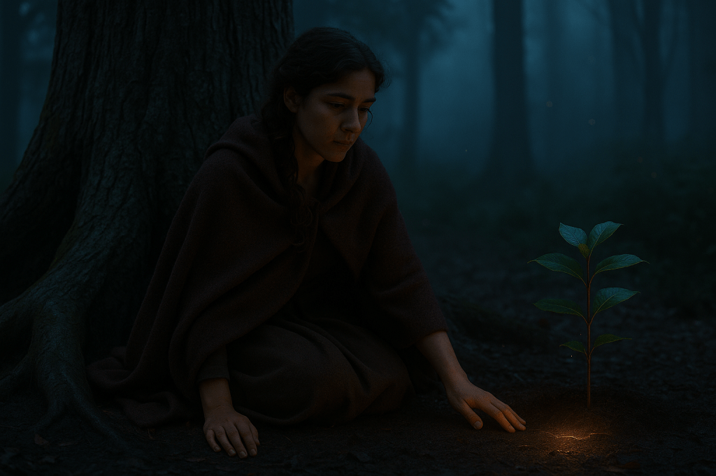 A cinematic, photorealistic forest scene at twilight. A young French woman, Cinder Dubois, sits on the ground at the base of an enormous ancient tree with thick, gnarled roots. She has wavy chestnut-brown hair, light olive skin, expressive brown eyes, and a weary, contemplative expression. She wears a dark dusk-rose brown dress and a heavy burgundy cloak wrapped around her shoulders — the cloak should look slightly oversized, textured, and warm, as if recently given to her. Her clothing is natural, wool-like, and grounded, fitting the Provençal fairytale setting.

She is seated in a quiet, mist-covered grove. The atmosphere is hushed, cool, and blue-toned. Soft drifting fog hangs between the dark tree trunks. Tiny floating ember-like motes glow faintly in the air. The environment should feel still and almost mournful, capturing the aftermath of bloodshed.

In front of her, a small glowing sapling grows from the soil, casting a faint golden light on her face, hands, and dress. The sapling’s glow is subtle but magical — warm amber light contrasting the cool blue twilight. Cinder rests one hand on the ground beside the sapling, fingers near but not touching it, conveying quiet connection and exhaustion.

Lighting: cinematic twilight blue over the forest, with soft golden rim-light coming from the sapling. Depth of field: sharp focus on Cinder and the sapling, background trees fading into a gentle blur. Composition: horizontal, wide-screen ratio, emotionally intimate tone.