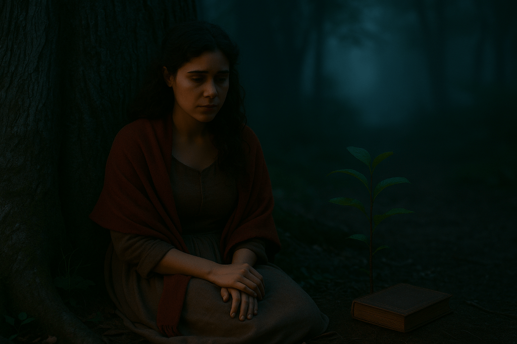 A cinematic, photorealistic horizontal image set deep within a mist-soaked ancient grove at dusk. A young French woman, Cinder Dubois, sits at the base of the grove’s oldest tree. She has wavy chestnut-brown hair, light olive skin, expressive brown eyes, and a soft but weary expression. She wears a simple earth-toned brown dress and an old red shawl draped around her shoulders — the same shawl Esmée wrapped around her. Her posture is quiet, reflective, and still.

Beside her on the ground sits a small sapling — recently planted — its leaves faintly catching what little light filters through the fog. Next to the sapling lies a closed, weathered grimoire with gold-etched markings. The grove is dark, with deep cool blues and shadowed greens. Mist curls through the air. The mood is solemn, introspective, and gently magical.

Lighting is soft and low, with a single cool-toned ambient glow filtering from above, creating a poetic sense of aftermath and silence. Depth of field is shallow: Cinder and the sapling are in sharp focus while the forest behind them fades into atmospheric haze. The overall tone is emotional, quiet, and grounded — conveying healing, exhaustion, and the land holding its breath.