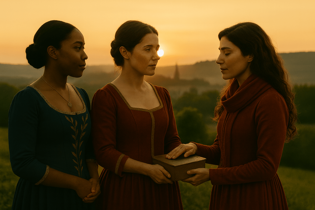 A cinematic, photorealistic horizontal image set at golden-hour on a hillside overlooking a distant French village. Three French women stand together in a soft, warm sunset glow, each wearing attire appropriate to her rank in the kingdom.

On the left, Claudine Delisle — a Black French woman in her early 30s with warm brown skin, natural features, and her hair neatly styled in a simple, elegant bun. She wears a deep blue duchess gown with subtle gold embroidery along the neckline and bodice—formal, refined, noble but not extravagant. Her posture is poised and steady, hands clasped.

In the center, Queen Aveline Beaumont — a fair-skinned young French woman in her late 20s with dark hair in a neat updo. She wears a rich maroon royal gown with structured shoulders and gold trim, more ornate and authoritative than the others. She holds the grimoire with both hands, her expression calm, thoughtful, and steady, embodying quiet strength and grace.

On the right, Crown Steward Cinder Dubois — a young French woman in her mid-to-late 20s, with light olive skin, expressive brown eyes, and thick chestnut waves falling naturally down her shoulders. She wears a refined earth-toned steward’s dress, subtly embroidered and paired with a deep red scarf that signifies Esmée’s legacy. Her expression is sincere, warm, and grounded. One hand lightly touches the grimoire, symbolizing shared stewardship.

The sunlight silhouettes them softly, casting warm edges around their figures.
The background shows rolling hills, a church steeple, and haze over the village.
The tone is A24 cinematic — natural light, muted palette, soft film grain, emotional realism.

Atmosphere: unity, shared purpose, the beginning of a new era.