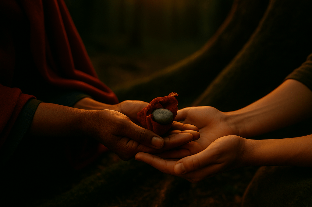 A horizontal, cinematic, photorealistic close-shot set in a dim forest clearing at dusk. The lighting is warm and directional, coming from a soft golden shaft of low sunlight filtering between the trees.

In the foreground, two pairs of hands are the focus of the frame:

One pair belongs to Madame Esmée, an older Black woman whose hands are steady, weathered, and warm-toned.

The other pair belongs to Cinder, a young French woman in her mid-to-late 20s with lighter skin and slightly trembling fingers.

Esmée gently places a small stone charm wrapped in fraying red silk into Cinder’s open palm.
The charm should look ancient, symbolic, and tactile — something handmade long ago and carried through generations.

Cinder’s other hand is partially curled inward, showing her hesitation. Esmée’s fingers hover reassuringly, conveying quiet authority and care.

The background is softly blurred with dark greens and browns, hinting at a forest floor of roots, moss, and fading light. The mood is intimate, reverent, and emotionally charged — a pivotal passing of responsibility.

There is no magical glow — only natural, warm light emphasizing the gravity of the moment. The texture of the silk, the stone, and the characters’ skin is highly detailed and realistic.

Tone: grounded, solemn, mythic
Composition: tightly framed on the hands and the charm
Aspect Ratio: horizontal 16:9
Style: cinematic photorealism, rich color grading, soft shallow depth of field