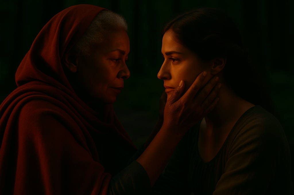 A cinematic, photorealistic horizontal portrait set in a dense, lush fairytale forest at dusk. Madame Esmée Étoile, an older Black woman with warm brown skin, soft gray hair wrapped partly in her red scarf, and wearing a deep blue embroidered dress, gently holds Cinder Dubois’s face between both hands. Cinder is a French woman in her mid-to-late 20s with light olive, sun-touched skin, expressive brown eyes, and thick wavy chestnut hair in a loose braid. She wears a simple earth-toned wool dress with natural texture.

The mood is intimate, emotional, and grounded — no visible magic, only atmosphere. Soft dusk light filters through the trees in warm gold tones, casting subtle highlights on their faces. Esmée’s expression is calm, wise, steady; Cinder’s expression is vulnerable, uncertain but hopeful, as if just realizing a truth she needed to hear.

The background is softly blurred: towering moss-covered trunks, drifting dust motes caught in the last rays of daylight, and deep green foliage fading into shadow. The framing is close but cinematic, with Esmée slightly higher in the frame, guiding Cinder with maternal strength. The tonal palette is warm shadows, gold-green light, and the muted reds of Esmée’s scarf. The image should feel naturalistic, deeply emotional, reverent—capturing the moment Esmée says: “You’ll see her again… because you’ll choose to.”

Shot on a full-frame cinematic camera with shallow depth of field (f/1.8), soft directional backlight, and high dynamic range.