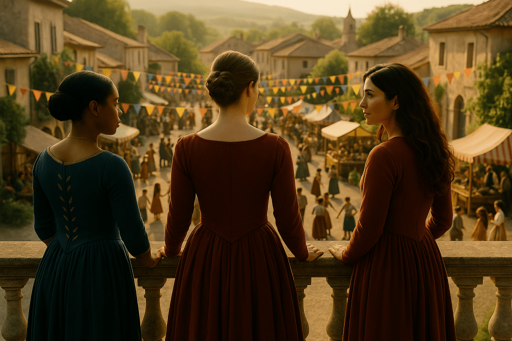 A cinematic, photorealistic horizontal image of three women standing side by side on a stone balcony in broad daylight, facing the camera. They overlook a festive village square below, but the focus is on their faces and attire.

From left to right:

Claudine Delisle — a Black woman in her mid-30s with warm brown skin and natural features. Her hair is styled in a smooth, low bun. She wears a deep blue Duchess gown with subtle gold embroidery at the neckline and center panel. The gown is elegant, noble, and period-appropriate — no crown. Her expression is calm, confident, and quietly protective.

Queen Aveline Beaumont — a fair-skinned young French woman in her mid-20s, with dark hair pulled back into a low bun. She wears a maroon queen’s gown with gold trim along the bodice and sleeves, refined and regal. Her posture is poised and steady, her expression soft but resolute. She stands centered, clearly the monarch.

Cinder Dubois — a young French woman in her mid-to-late 20s with light olive skin, expressive brown eyes, and thick wavy chestnut-brown hair falling naturally around her shoulders. She wears a rust-red Crown Steward gown with natural fabric texture, minimal embroidery, and a grounded, noble silhouette. No crown. Her expression is thoughtful, steady, emotionally open.

Setting:
A daylit stone balcony overlooking a village square filled with celebration—stalls, festival colors, townspeople moving joyfully. The background is softly blurred (cinematic bokeh) to emphasize the women’s faces. The lighting is warm natural daylight, with soft highlights across their features and clothing.

Tone:
A24 cinematic realism — grounded, human, rich natural textures. The three women stand close together, unified, sharing a moment of quiet triumph and restored balance.

Composition:
Horizontal, wide enough to include all three women from roughly the waist up, the stone railing in front of them, and a softened glimpse of the village behind.