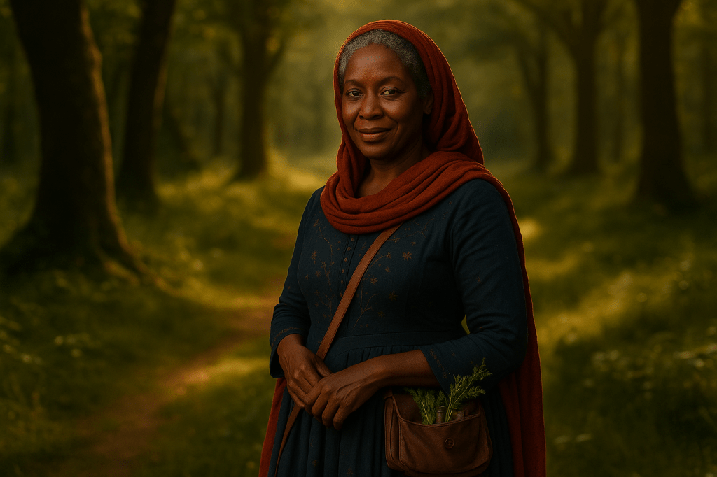 A cinematic, horizontally composed, fairy-tale realistic portrait set in a serene French forest clearing at golden hour.
The environment is inspired by Charles Perrault’s early French fairy-tale atmosphere — lush green foliage, tall ancient oaks and beeches, and soft moss along a narrow winding path. Shafts of golden light filter through the canopy, creating a warm haze and gentle dust motes suspended in the air. The clearing feels enchanted but grounded in realism: quiet, warm, timeless.

At the center stands Madame Esmée Étoile — a Black French enchantress in her mid-50s.
She has warm brown skin, deep, expressive dark eyes, and tightly coiled natural hair streaked with soft silver, some curls escaping naturally beneath a rich red scarf draped loosely around her head and shoulders. Her expression radiates wisdom, calm, and subtle knowing — a faint, confident smile suggesting she understands more than she says.

She wears a deep indigo dress embroidered with faint constellations and swirling vine motifs, the patterns almost invisible until the light catches them. The gown is inspired by 17th-century French rural dress, practical yet elegant, with long sleeves and a fitted bodice.

A worn leather satchel crosses her chest and rests at her hip, the flap open just enough to reveal fresh herbs and small glass vials, hinting at her role as healer, herbalist, mystic, and guardian of the land’s balance.

The forest subtly responds to her — trees leaning inward, light pooling gently around her figure. The mood is magical without special effects: enchantment conveyed through color, warmth, composition, and her presence.
The portrait carries a painterly texture, grounded realism, and the quiet power of a woman who listens to the land.