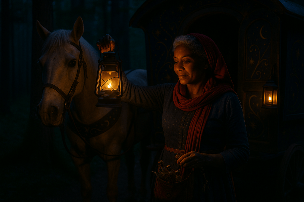 A cinematic, hyper-realistic nighttime photograph set deep within an enchanted French forest. The lighting is warm and atmospheric, created almost entirely by lanterns hanging from a richly painted wooden caravan. The scene is horizontal and wide, with soft blue moonlight filtering faintly through tall pines, contrasting against the golden lantern glow.

Beside the caravan stands Madame Esmée Étoile, a wise Black French enchantress in her mid-50s. She has warm brown skin, silver-streaked tightly coiled hair wrapped in a deep red scarf, and sharp, kind eyes that reflect firelight. She wears a deep indigo dress embroidered with subtle vine and star motifs. The embroidery catches the lantern glow with a faint shimmer. Her satchel hangs at her hip, filled with herbs, vials, and small botanical tools.

Instead of casting magic, Esmée is performing a quiet nighttime task:
She stands at a small wooden table beside the caravan, calmly grinding herbs with a mortar and pestle. Wisps of fragrant steam rise from a small clay pot heated by a candle beneath it. The moment feels lived-in, ritualistic, and intimate — the work of a healer preparing something essential.

The caravan behind her is vardo-style, painted in deep blues with swirling gold constellations and vines. Lanterns hang from hooks along the curved roofline, casting warm, flickering light across the clearing. A soft trail of fireflies glows in the background, blending with floating dust particles illuminated by the light.

The forest around her is quiet and reverent — shadows softening toward her as if the woods recognize her presence. The atmosphere is magical but grounded, rooted in tactile realism: warm lantern light, textured fabrics, weathered wood, drifting smoke, and the crisp glow of nighttime air.

Shot in a cinematic, fairy-tale-realistic style with a painterly emotional tone, wide-angle depth, and rich contrast between golden lantern light and cool forest blues.