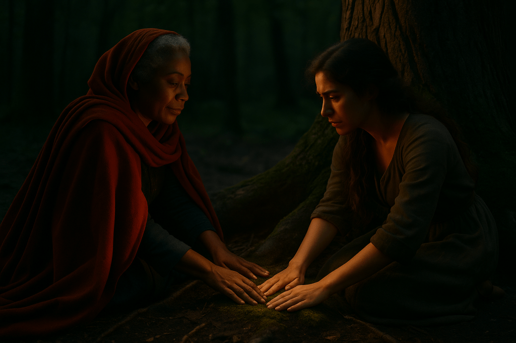 A horizontal, cinematic, photorealistic image set in a dense forest grove at dusk. The mood is intimate and grounded in realism, with no overt magical effects — only atmosphere, gesture, and light. The forest floor is uneven and shadowed, covered in dark moss, tangled roots, and patches of soil blackened from an old fire.

At the base of a massive, ancient oak tree — its bark gnarled, scarred, and textured with deep grooves — kneels Madame Esmée Étoile, a Black French woman in her mid-50s. She wears a deep red cloak whose heavy folds spill across the ground. Her tightly coiled, silver-streaked hair catches the last warm edge of fading sunlight. Her expression is calm, focused, and quietly powerful as she rests her fingertips gently against the moss at the tree’s roots, as if communing with something unseen and ancient.

Opposite her kneels Cinder Dubois, a young French woman in her mid-to-late 20s with olive-toned skin and long, wavy brown hair. She wears a simple, earth-toned wool dress worn from labor and travel. Her posture is tense and unsure, her hands trembling slightly. Esmée guides one of Cinder’s hands to the moss-covered roots. Cinder’s face holds both fear and longing — the tentative recognition of something awakening.

The lighting is naturalistic and cinematic: the grove is mostly dim, filled with cool blue dusk shadows, but one single shaft of warm golden light breaks through the canopy, illuminating their faces and the joined hands. Dust and pollen drift through the beam of light, shimmering softly. The massive oak fills the background with imposing presence, while the rest of the forest falls into blurred shadow, drawing full attention to the intimate moment between the two women. The composition feels sacred, grounded, reverent — like a secret truth being uncovered in the quiet heart of the forest.