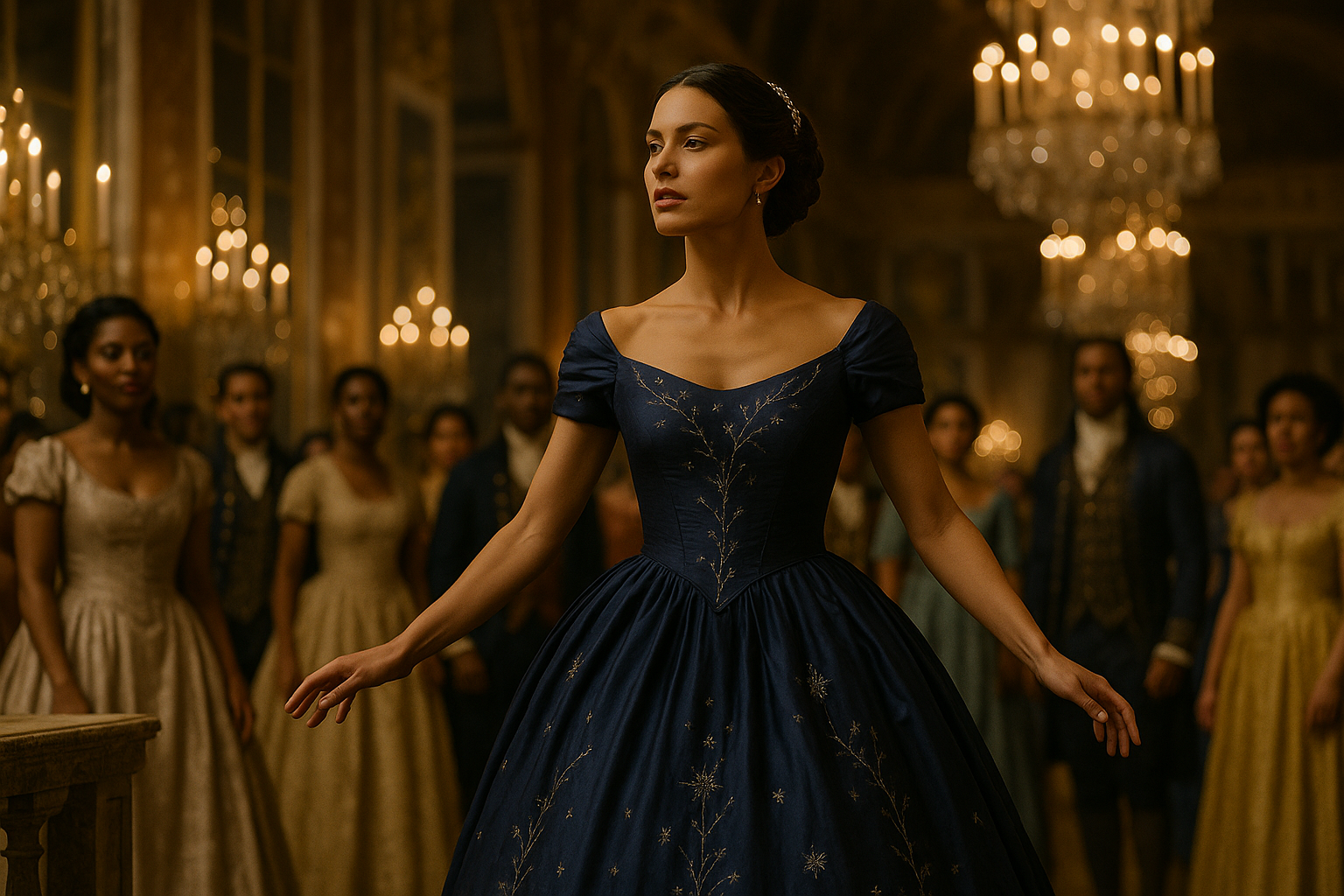 A cinematic, fairy tale realistic still frame capturing Princess Aveline Beaumont, a French noblewoman in her mid-to-late 20s, making her entrance into a grand ballroom on the night of the royal ball. The room is modeled after the Hall of Mirrors in Versailles, with towering gilded mirrors, crystal chandeliers casting warm golden light, and Carrara marble floors that shimmer under candlelight.

Aveline steps forward mid-motion, her deep indigo silk ball gown flowing around her in soft movement. The gown has voluminous skirts, a fitted bodice, and understated silver embroidery in the form of delicate vines and stars. Her chestnut-brown hair is styled into a braided chignon adorned with a pearl comb, with loose strands framing her fair, contemplative face. Her almond-shaped brown eyes scan the room with quiet confidence, her lips slightly parted—not in surprise, but resolve.

Her posture is dynamic yet graceful—one foot slightly ahead, her gown in motion, and one hand gently poised as if about to lift her skirts or offer a greeting. She carries herself with the poise of royalty, but the tension of the evening subtly lingers in her expression.

Around her, a diverse crowd of nobles in lavish 17th–18th century gowns and tailored coats begins to turn toward her—some mid-conversation, others mid-curtsy or bow. The guests are of varied ethnicities, their expressions ranging from admiration to curiosity to unreadable intent. The mood is one of anticipation and shifting energy—Aveline’s arrival has changed the tenor of the room.

The overall tone is richly cinematic—lit like a historical drama, elegant and painterly in composition, with a focus on motion, emotional subtext, and the weight of unseen forces at play. This is a world steeped in fairy tale realism—poised between splendor and strategy.