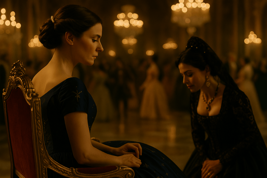 A cinematic, horizontal still from a live-action fairy tale set in a grand Rococo ballroom during a royal ball. The viewer sees over the shoulder of Princess Aveline Beaumont, a French princess in her late 20s with chestnut-brown hair styled into a braided chignon secured with a pearl comb. She is seated on an ornately carved throne-like chair with deep blue upholstery and gold trim, wearing a deep indigo silk ball gown embroidered with subtle silver vines and stars. Her posture is regal but tense, and her expression is distant, with her eyes turned slightly to the side, conveying that her thoughts are elsewhere.

The lighting is golden and soft, from chandeliers and candelabras, casting warm highlights on the polished Carrara marble floor. Behind her, the ballroom pulses with life: blurred figures of nobles move through the space—dancing, bowing, greeting—dressed in 18th-century attire with jewel-toned silks and lace. A baroness from the southern provinces, styled with Spanish-inspired fashion—a dark embroidered gown, gold jewelry, and a small lace mantilla comb—bows slightly in the midground as she’s introduced.

The camera's composition emphasizes Aveline’s detachment and solitude amidst the grandeur. The queen is not visible in this frame, focusing entirely on Aveline's inner world.

The mood is elegant but weighted—echoing tension, expectation, and a quiet storm behind the princess's composed facade.