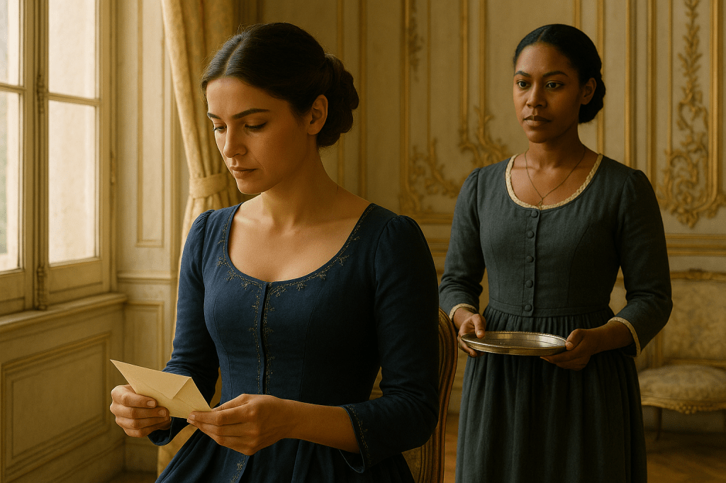 A cinematic, fairy tale realistic scene set in an elegant French Rococo-style palace interior during the late afternoon. Warm, natural sunlight pours through tall, arched windows with golden curtains, casting soft golden light and long shadows across the room’s polished parquet floor and ornate gilded wall moldings.

In the foreground, Princess Aveline Beaumont—a French princess in her mid-to-late 20s—stands in profile, holding a folded letter sealed in deep blue wax. She has olive-toned skin, almond-shaped brown eyes, and chestnut-brown hair styled in a braided chignon adorned with a pearl comb. She wears a deep indigo gown embroidered with delicate silver stars and vines, the bodice fitted and the sleeves three-quarters in length. Her expression is calm but serious, her eyes lowered toward the letter—lost in thought or apprehension.

Behind her stands Claudine Delisle, a poised and composed Black woman in her 40s with deep-brown skin, a braided chignon, and expressive almond-shaped dark eyes. She wears a dark indigo linen gown with ivory lace trim, modestly cut but elegant, and around her neck hangs a small, worn silver pendant—a nod to her Caribbean heritage. In her hands, she carries a silver tray, recently used to deliver the letter. Claudine watches Aveline with a neutral but knowing expression, offering silent presence and counsel rather than comfort.

The mood is one of quiet tension and restrained emotion—a moment suspended between power and vulnerability. The golden light warms the setting but not the characters’ uncertainty. The viewer feels the weight of court politics, legacy, and unspoken words. This is a frame from a richly shot period film, grounded in Charles Perrault–inspired fairy tale realism, where every detail—from embroidery to posture—carries narrative meaning.