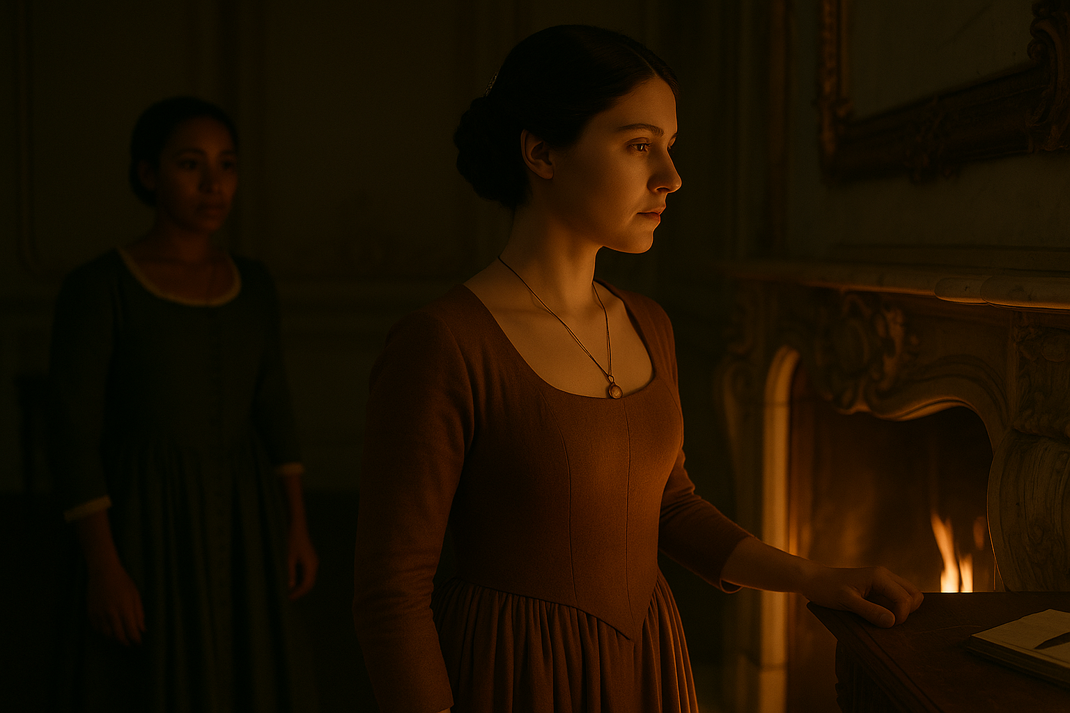 HORIZONTAL CINEMATIC IMAGE: A still frame from a period drama, rendered in fairy tale realism and candlelit tones. The scene is set in a quiet chamber of the French palace, softly lit by a crackling fireplace. On the left side of the image, Princess Aveline Beaumont—a fair-skinned French noblewoman in her mid-to-late 20s—stands near the hearth, her ochre-gold gown softly reflecting the firelight. Her chestnut-brown hair is styled in a braided chignon, and her expression is solemn, thoughtful, and burdened with unspoken tension. She holds one hand near the chain of a pendant around her neck—a subtle gesture of longing and memory.

Across the room, Claudine Delisle—an elegant Black noblewoman with deep brown skin and tightly coiled hair pinned into a braided chignon—watches her quietly from the shadows. Claudine wears a muted green linen gown with ivory lace trim, her arms loosely crossed or resting at her sides, her expression unreadable but perceptive. The soft candlelight casts gentle shadows across the carved wall panels, and the atmosphere is intimate, tense, and introspective.

The image conveys a moment of emotional silence and veiled understanding—a pause before a difficult conversation. The fire glows between them, a visual metaphor for both warmth and danger. No words are spoken, but the silence is rich with meaning.