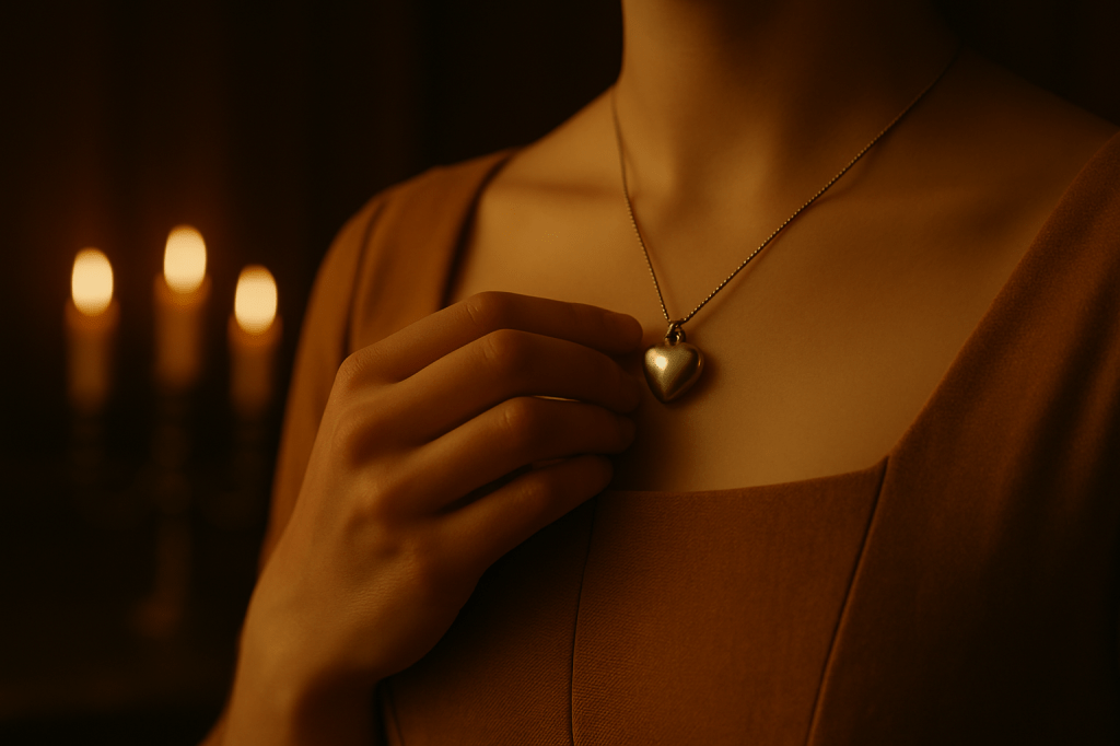 A close-up, symbolic still frame from a cinematic period drama. The image focuses on the delicate, fair-skinned hands of a young French noblewoman — Princess Aveline Beaumont — gently holding a small, silver pendant at the base of her throat. The pendant glints subtly in the soft glow of nearby candlelight. She wears a golden-ochre gown with a square neckline and long sleeves, as previously established. The background is a warm, dark wood-paneled royal council chamber lit by tall, flickering candles — blurred and atmospheric. The image mirrors a key scene of private emotional weight, with Aveline’s posture conveying both inward reflection and restrained tension. Her fingertips lightly clutch the pendant chain, evoking the moment she recalls Cinder’s gift and the weight of unspoken emotion. The composition is cinematic and intimate, intended as a visual echo of her internal transformation and vulnerability. Fairy tale realism, late-Baroque aesthetic, filmed in a warm, candlelit color palette with a shallow depth of field.