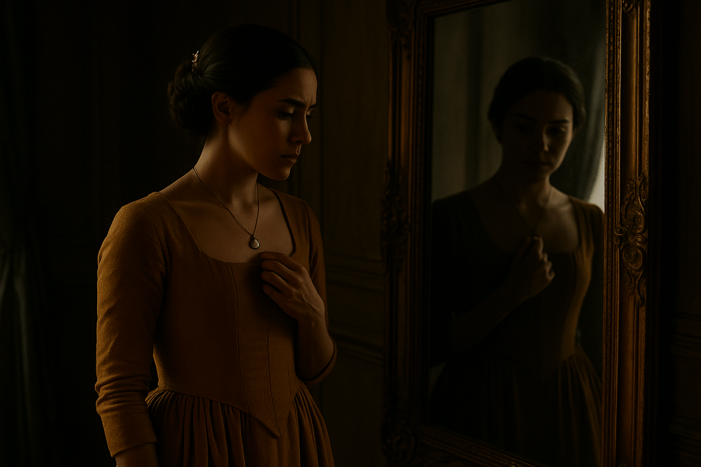 HORIZONTAL CINEMATIC IMAGE: A cinematic, horizontally composed, fairy tale realistic still frame of Princess Aveline Beaumont, a young French woman in her mid-to-late 20s with fair skin, almond-shaped brown eyes, and dark brown hair styled in a low braided chignon, standing in quiet contemplation before a tall ornate mirror inside her private royal chambers. The atmosphere is dim and moody, with low morning or late afternoon light filtering in from unseen windows, creating a soft interplay of light and shadow across the carved wood and paneled walls.

Aveline wears a golden-ochre royal gown, modest yet elegantly fitted, with delicate trim and long sleeves that emphasize her poised nobility. Her reflection in the mirror is partially visible—subtle, slightly blurred by perspective—showing the duality between how she presents herself and what she truly feels.

Her posture is upright but tense, as though holding in a flood of emotion. Her hands are drawn together just below her collar, fingers loosely clasped, or one hand faintly brushing against the silver pendant at her neck, a quiet yet pointed symbol of connection to the mysterious girl in the silver gown from the night before.

Her expression is composed, almost too composed—lips gently pressed, jaw subtly clenched—capturing the moment just before composure breaks. Her gaze avoids the mirror directly, instead drifting slightly downward, as if she can no longer meet her own eyes. This is a private, unguarded moment of self-reflection and vulnerability.

The background is spare and intimate: a dressing screen, a carved vanity with a few items (a brush, perhaps a folded note), and ambient shadows wrapping the space in silence. The overall tone is one of emotional restraint, suggesting a woman grappling with the memory of a forbidden connection, the weight of courtly scrutiny, and the growing threat she cannot yet name aloud.