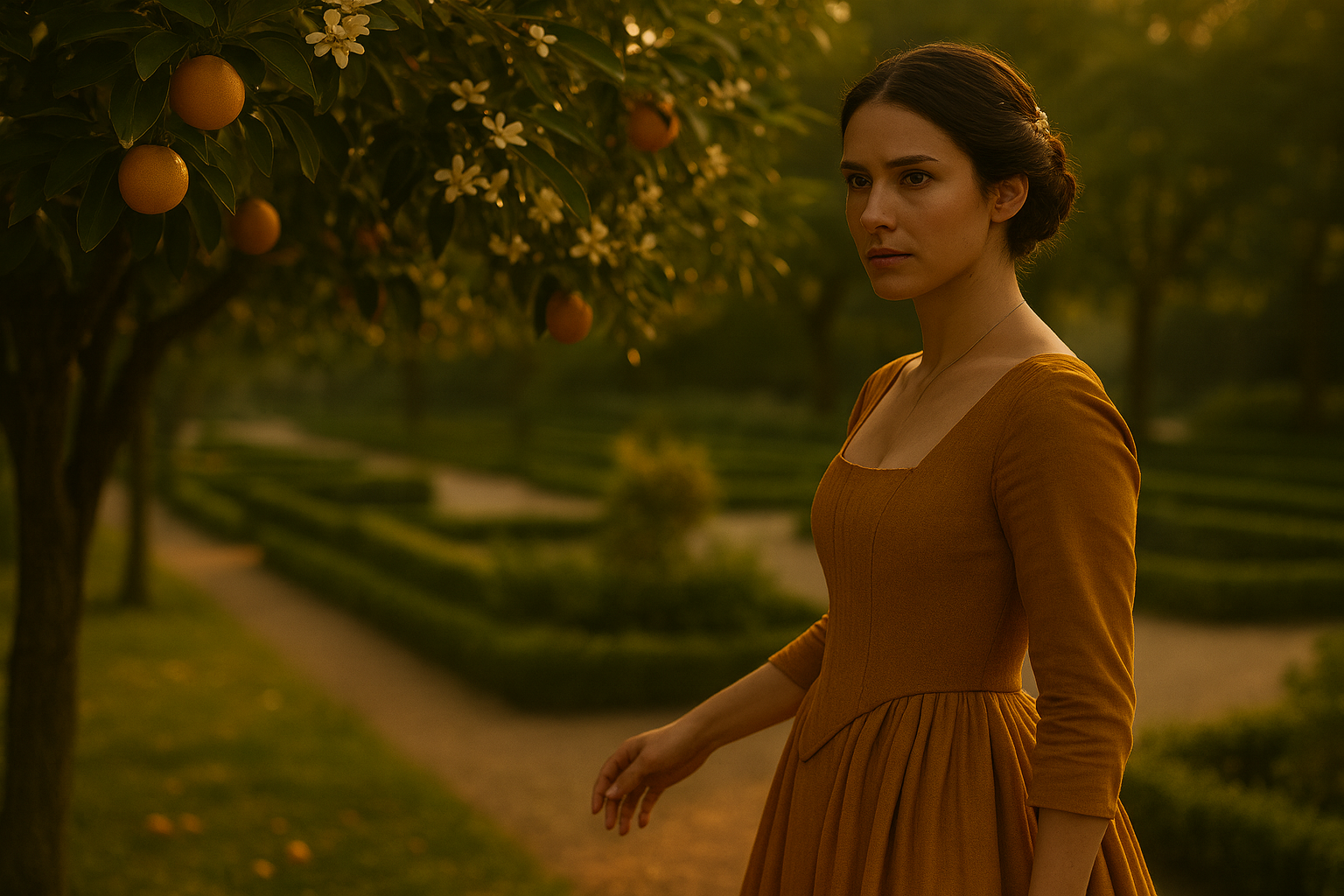 A horizontal, cinematic, fairy tale realistic depiction of Princess Aveline Beaumont, a French woman in her mid-to-late 20s with fair skin, almond-shaped brown eyes, and dark hair styled into a low braided chignon secured with a delicate hair comb, standing beneath a blooming orange tree in a serene palace garden.

The scene is bathed in golden hour sunlight, with the warm light filtering through the delicate leaves and branches, casting soft, dappled patterns on the ground, on Aveline’s face, and on her gown. The air is thick with the fragrance of orange blossoms, and vibrant fruit glows gently in the light. The garden is composed of trimmed hedgerows, winding gravel paths, and cobblestone walkways, lending the setting an air of controlled elegance.

Aveline wears a rich golden-ochre royal gown, fitted at the bodice and sleeves, simple yet elegant in design, evoking 17th–18th century French nobility. Her posture is poised but alert, her hands resting lightly at her sides. Her expression is sharp, contemplative, and slightly tense—as though she’s preparing for a difficult conversation or responding to one that just ended. Her eyes hold quiet resolve, and the atmosphere suggests she is weighing the consequences of a revelation or decision.

The lighting captures the emotional ambiguity of late afternoon—neither joy nor sorrow, but a tense, suspended calm. The composition evokes a still from a historical fantasy film: quiet, painterly, and filled with symbolic cues of beauty, pressure, and transformation.