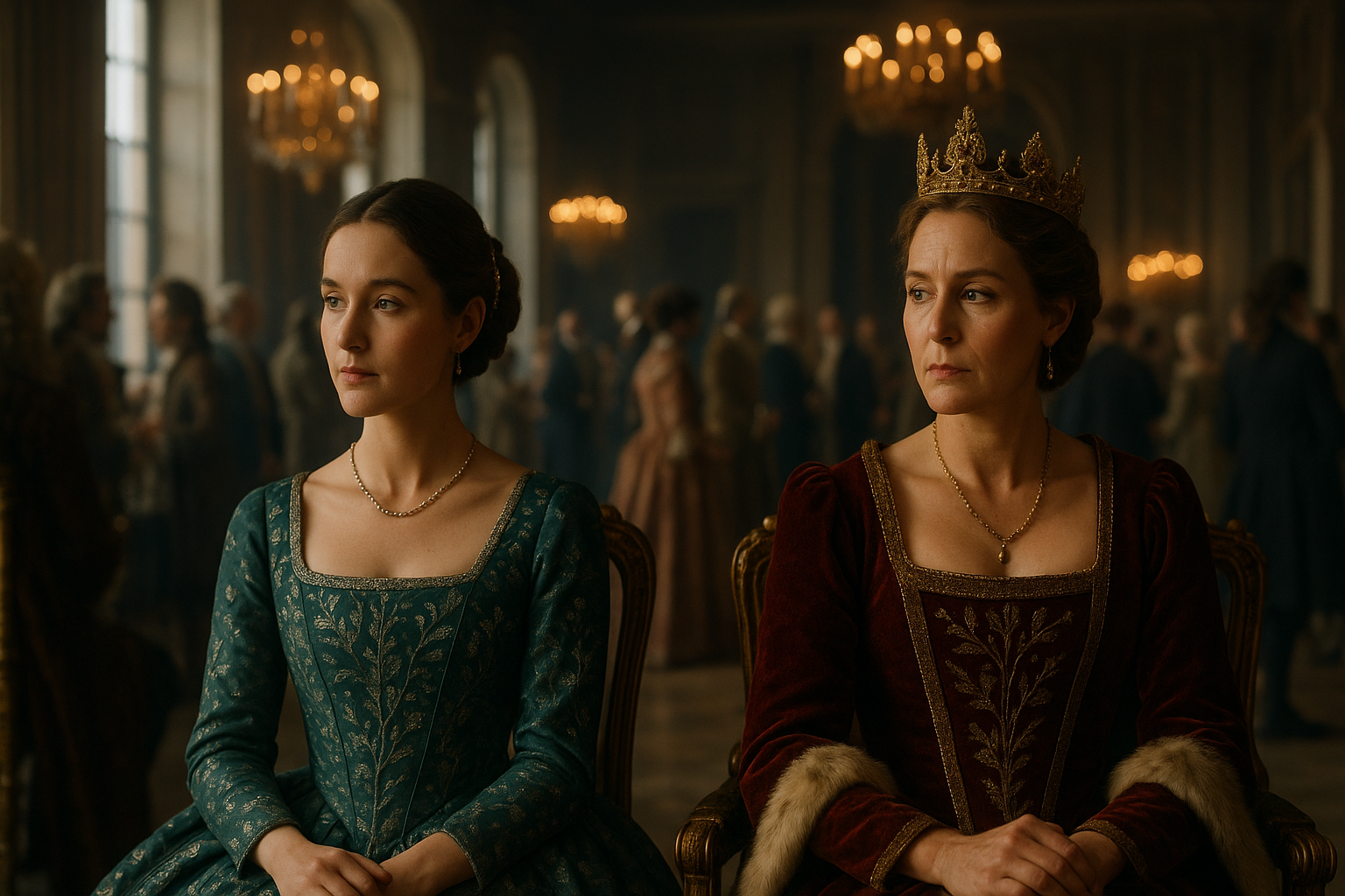 A horizontal cinematic film still capturing a regal mother and daughter seated side by side in the grand hall of a French royal palace, styled in the Charles Perrault fairy tale era. The room is filled with filtered daylight from tall palace windows and the soft golden glow of chandeliers. In the softly blurred background, courtiers in 17th–18th century French attire—powdered wigs, embroidered coats, and silk gowns—mingle in clusters, speaking of politics, trade, and the upcoming royal ball.

At the foreground and center of the composition sit Princess Aveline and Queen Geneviève Beaumont. The Queen is a French woman in her late 40s with fair skin, high cheekbones, and a composed but stern expression. She wears a deep crimson velvet gown with gold embroidery and fur-trimmed sleeves, a pearl-drop necklace, and a golden filigree crown. Her posture is upright, her gaze slightly turned, watchful and commanding.

Next to her, Princess Aveline sits poised but thoughtful. She is a young French woman in her mid-to-late 20s with chestnut-brown hair styled into a braided chignon, fastened with a pearl comb. Her features are soft but expressive, with a contemplative gaze that hints at the weight of courtly expectations. She wears a rich forest green gown embroidered with silver vines and a delicate necklace, distinct from the Queen’s ensemble but equally regal. Her posture is graceful, her hands folded in her lap.

The lighting is warm but natural, evoking the mid-morning or early afternoon. The mood is layered—an elegant courtly setting filled with political tension beneath the glamour. The overall style is cinematic, richly detailed, and fairy tale realistic, as though plucked from a high-budget period film.

