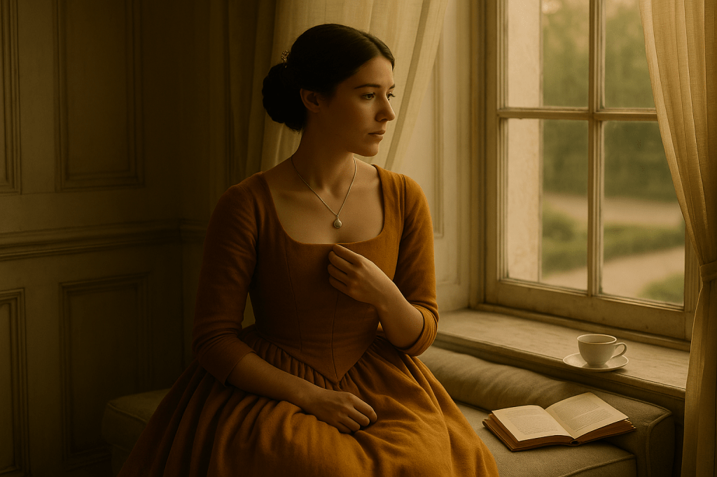 HORIZONTAL CINEMATIC IMAGE: A cinematic, fairy tale realistic, horizontally composed still frame capturing Princess Aveline Beaumont, a French woman in her mid-to-late 20s with fair skin, almond-shaped brown eyes, and dark hair loosely pulled back or falling naturally, in a rare moment of vulnerability. She sits alone on a cushioned window seat in her private royal chambers.

The setting is gently lit by the cool, diffused light of early morning, streaming through tall, lace-curtained windows. Dust motes hang in the golden-blue light, illuminating the quiet aftermath of a royal ball. The palette is soft, faded—filled with subtle pastels and worn wood textures that evoke the faded grandeur of a lived-in palace interior.

Aveline wears a simple yet elegant golden-ochre gown, slightly softened by sleep or rest, draped naturally around her seated figure. One hand rests on her lap, while the other gently touches the silver pendant at her collar, a gift from the mysterious girl in the silver gown. Her posture is relaxed but her face holds a tension beneath the surface: her gaze is faraway, focused beyond the window, lost in thought.

The mood is melancholy and reflective, evoking the emotional aftermath of a night charged with expectation and transformation. The camera angle is intimate and painterly, as if this is a still from a film about personal choices, unspoken longing, and a growing sense of self.

In the foreground, a small table holds an untouched teacup, a closed journal, and perhaps a folded letter, hinting at unanswered questions. The entire scene feels like a breath held between moments of political tension and personal awakening.