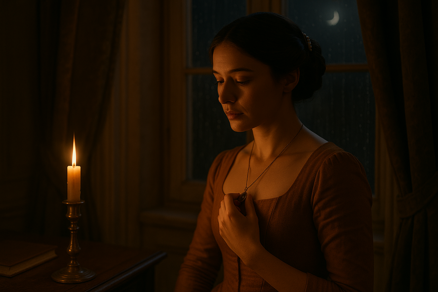 A cinematic, fairy tale realistic film still of Princess Aveline Beaumont standing alone in her private chamber at night, softly illuminated by warm candlelight and the faint shimmer of a rain-speckled window. She is a French woman in her mid-to-late 20s with fair skin, dark chestnut hair styled in a low braided chignon secured with a delicate hair comb, and almond-shaped brown eyes filled with quiet yearning.

Aveline wears a muted gold-ochre royal gown—modest and elegant, with a fitted bodice and long sleeves, historically accurate to the Charles Perrault–era. She stands beside a carved wooden writing desk, not seated, holding a small pendant close to her chest with one hand as she gazes out the window in contemplative silence.

On the desk beside her is a closed journal and an unlit quill, subtle indicators of an unfinished thought. The candlelight gently flickers, casting soft shadows on the Rococo-style cream walls and worn edges of the window frame. Faint moonlight glimmers through the glass, revealing streaks of rainfall clinging to the pane.

Her expression holds both vulnerability and resolve—a woman caught between duty and desire, wrestling with the memory of the girl in silver. The mood is intimate, melancholy, and poised, evoking a moment of reflection before a turning point.

Shot in a horizontal, cinematic format with soft focus on the pendant and naturalistic lighting. The tone captures the visual essence of a quiet fairy tale realism, rich with internal emotion and subtle visual storytelling.
