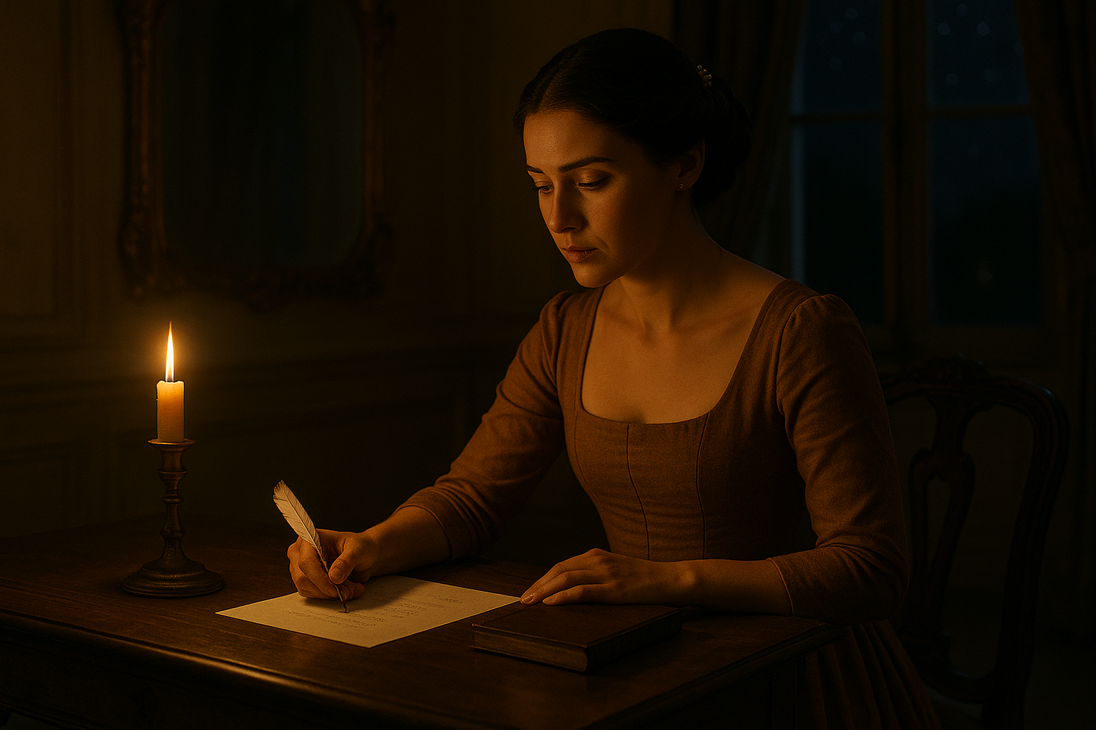 A horizontal, cinematic, fairy tale realistic still frame from a period film. The scene captures a young French princess in her mid-to-late 20s—Princess Aveline Beaumont—sitting alone late at night in her candlelit writing chamber. She has fair skin, almond-shaped brown eyes, and dark brown hair styled into a low braided chignon adorned with a delicate hair comb. She wears a soft, golden-ochre royal gown that is fitted but understated, appropriate for private reflection rather than courtly display.

The setting is warm but quiet, with ambient candlelight flickering across the carved wooden panels and ivory drapes of her chambers. A carved writing desk sits in front of her with a visible closed leather-bound journal and a simple quill pen lying beside it. Aveline sits poised but hesitant, her hand resting lightly on the edge of the desk, as if unsure whether to write. A nearby tall window reveals a faint view of the starlit night sky, the Hall of Mirrors just barely visible in the distance through the glass. The air carries a sense of tension and contemplation—she is caught in a moment between thought and action, memory and longing.

The lighting is low and intimate, evoking the feeling of a woman burdened by unspoken truths and drawn to something beyond duty. The emotional tone is rich with solitude, vulnerability, and quiet yearning—capturing the moment just before decision.