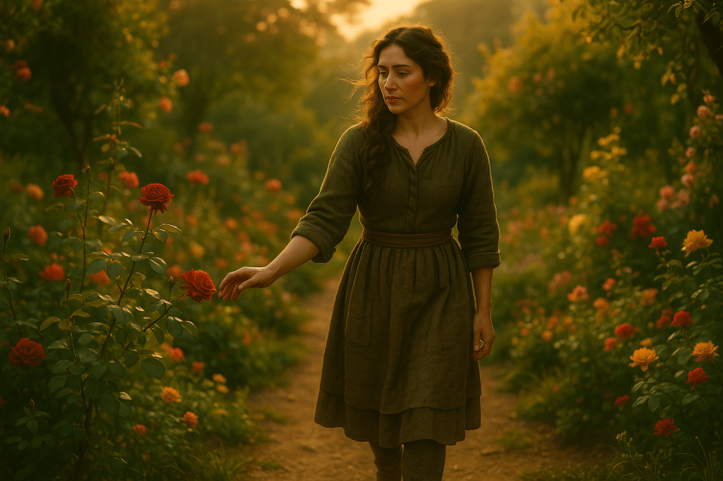 A cinematic, horizontal, gorgeously shot fairy tale realism image of Cinder Dubois, a young French woman in her mid-to-late 20s, walking through a lush enchanted garden at golden hour. She has light olive-toned, sun-kissed skin with a soft natural flush on her cheeks, and expressive dark brown eyes full of resilience and contemplation. Her thick, wavy chestnut-brown hair is loosely braided over one shoulder, with gentle strands escaping to frame her angular, emotionally resonant face.

She wears a patched, earth-toned wool dress in natural hues of olive green, clay brown, and forest tones—layered and visibly hand-stitched. Her outfit includes a rough linen undershirt, a simple cloth sash around her waist, and scuffed leather boots made for rural life. The dress and garments have weight and real-world texture, emphasizing her lived-in, grounded presence.

She walks with a quiet sense of purpose through a garden teeming with blooming roses, lavender, herbs, and wild greenery. As her hand brushes the petals of a rose bush, the thorns gently curl away, magically yielding to her presence—subtle evidence of enchantment in the world around her.

The garden hums with an ethereal, fairy tale energy. Shafts of sunlight filter through the overgrowth, casting golden highlights and long shadows across the path. The environment feels slightly alive—responsive to her—and the air carries the magic of an untold story. The visual tone blends cinematic French countryside realism with atmospheric fantasy: soft focus, warm natural lighting, rich greens and blooming colors, and a deep sense of place.
